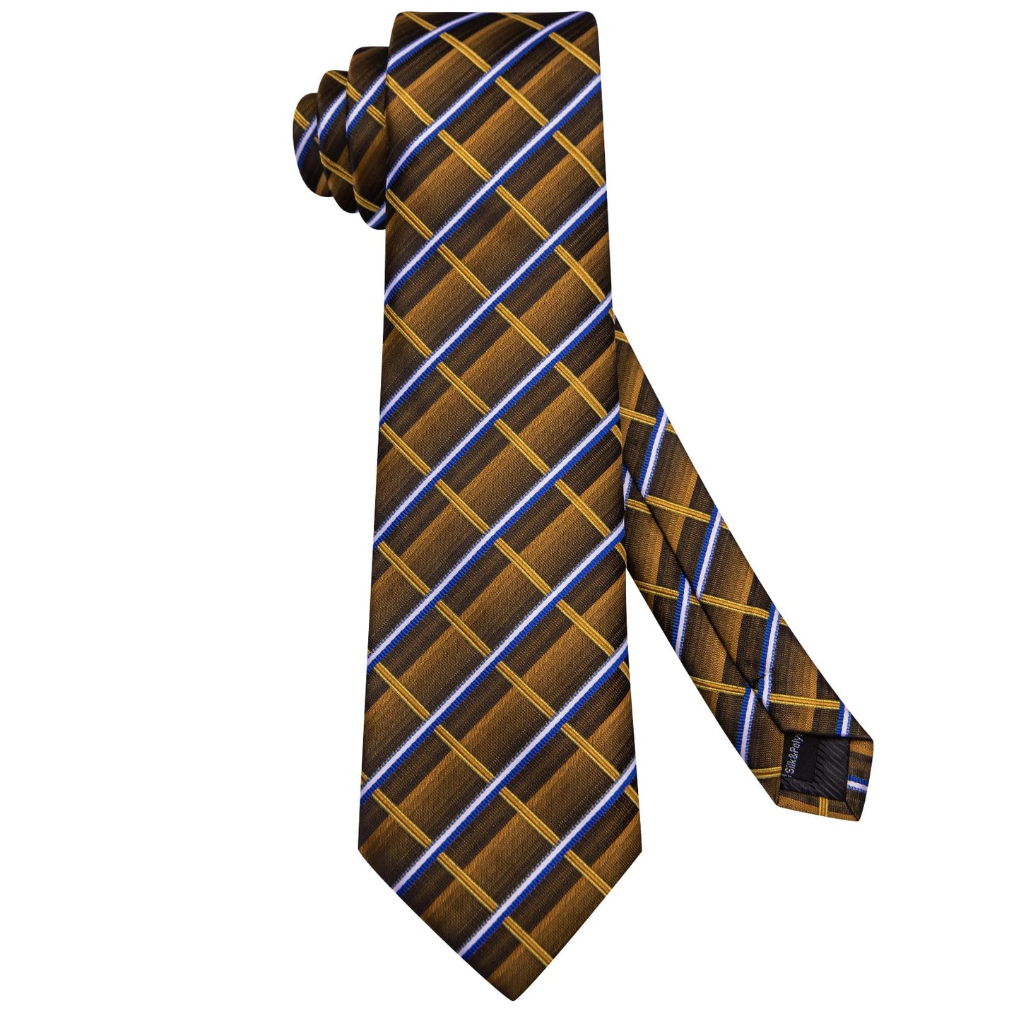 Hi-Tie 70'' Extra Long Ties for Men Silk Navy Brown Mens Ties Set and Pocket Square Cufflinks Checks Necktie for Business