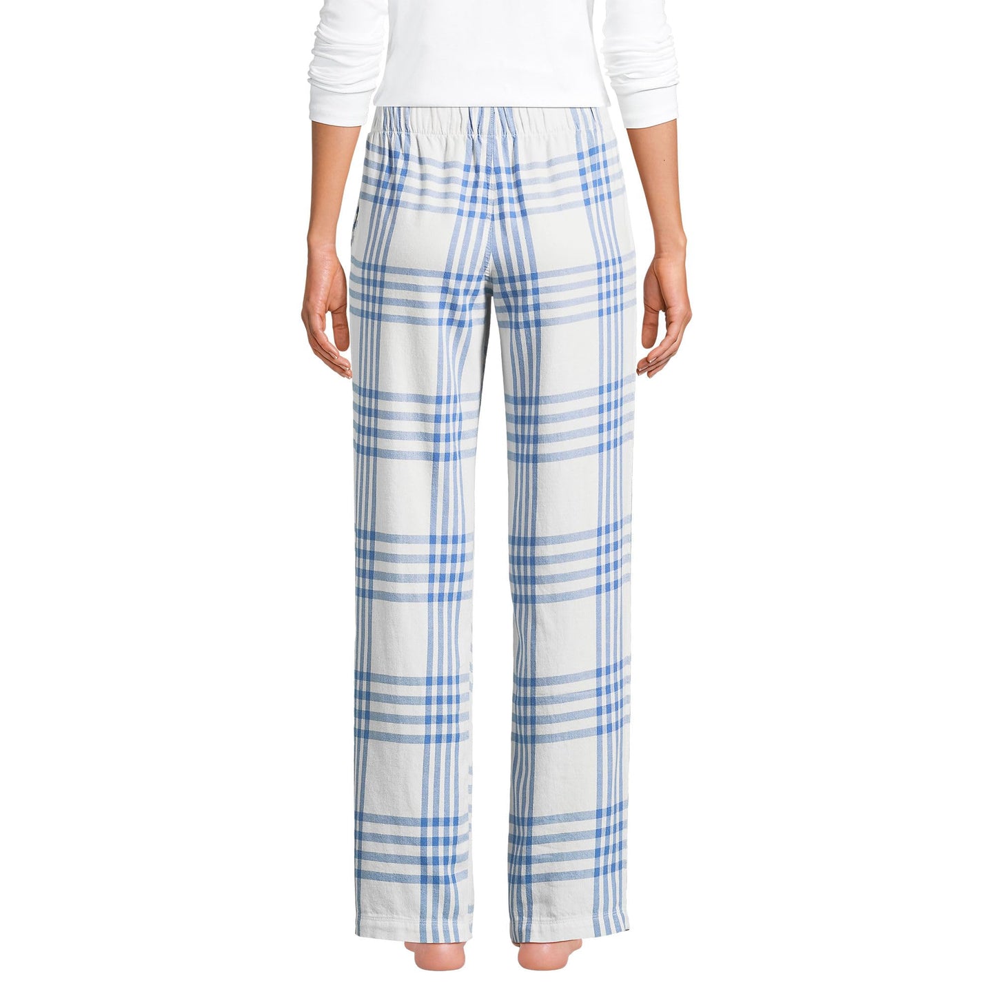 Lands' End Women Flannel Pant Clear Blue Plaid Tall Medium