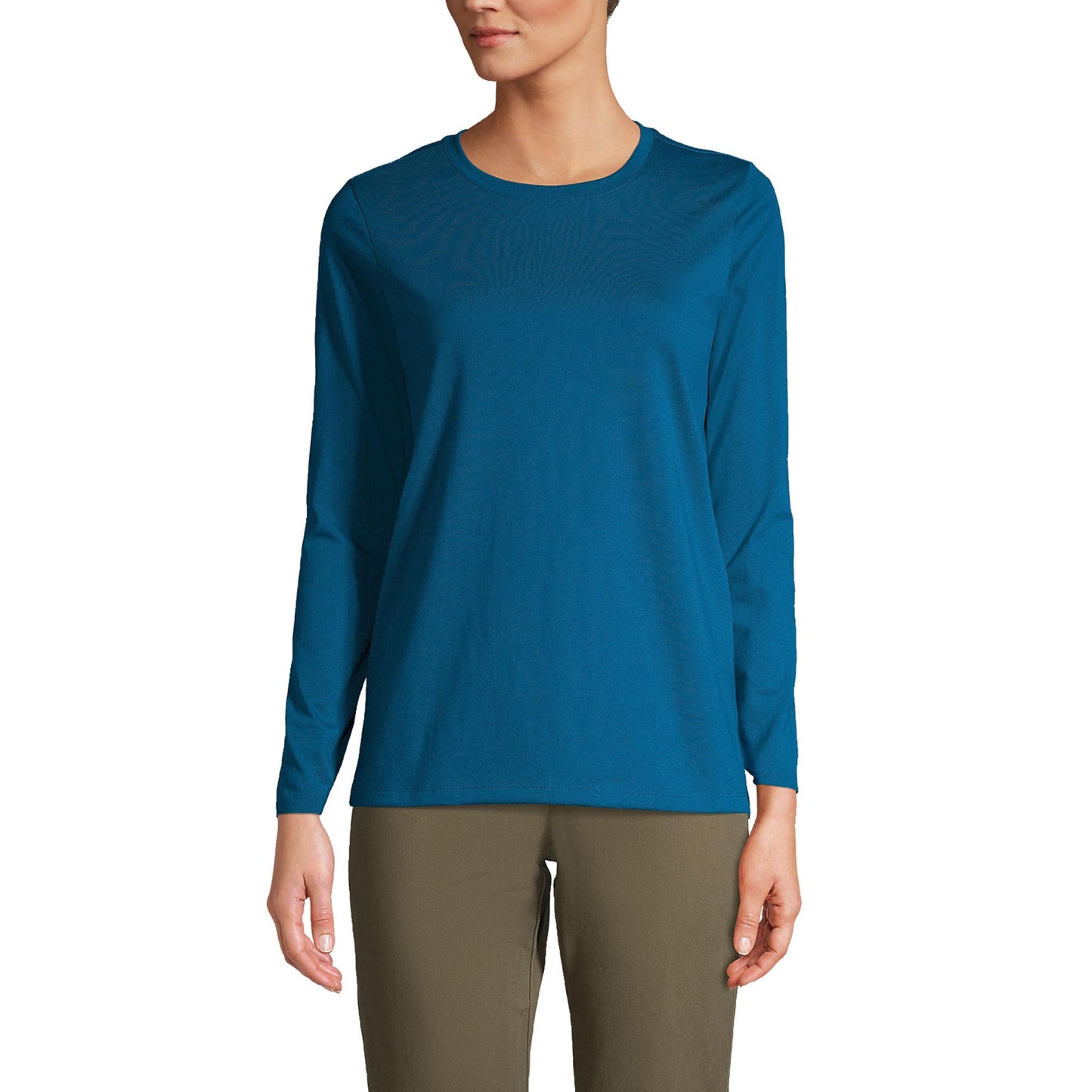 Lands' End Womens Long Sleeve Relaxed Supima Cotton Crew Neck T Shirt Baltic Teal Tall Medium