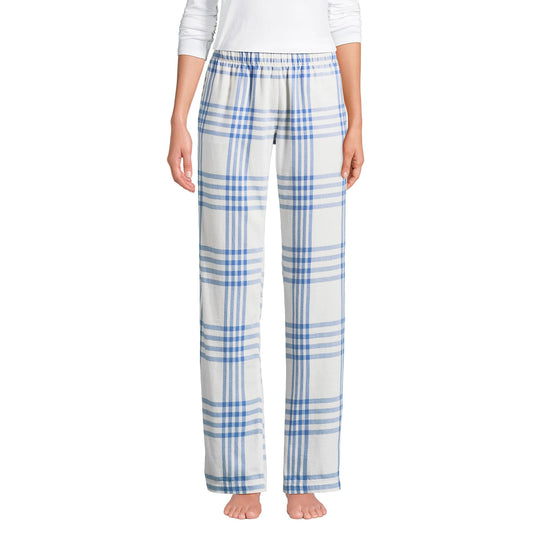 Lands' End Women Flannel Pant Clear Blue Plaid Tall Medium