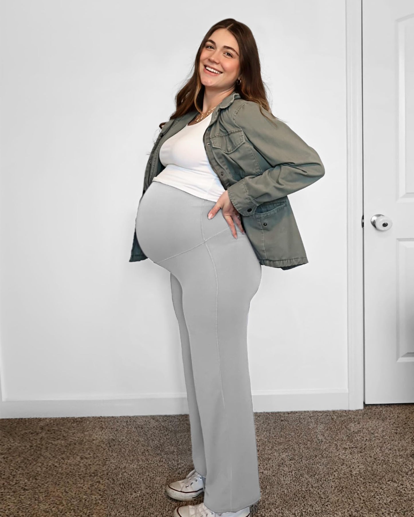 G4Free Maternity Yoga Pants Wide Leg Soft Pregnancy Clothes for Lounge Over The Belly Business Work Trousers Casual(Light Gray,XS,32")