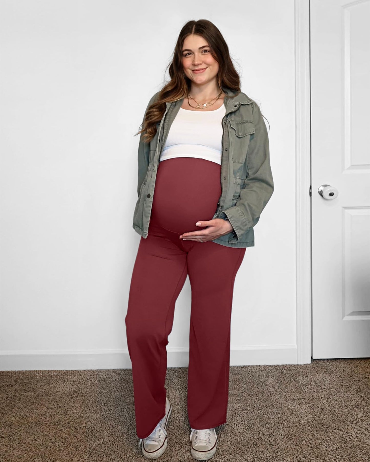 G4Fre Pregnancy Pants for Women Wide Leg Yoga Maternity Scrub Pants Over The Belly Stretchy Slacks for Casual Athletic Workout (Dark Burgundy,XXL,32")