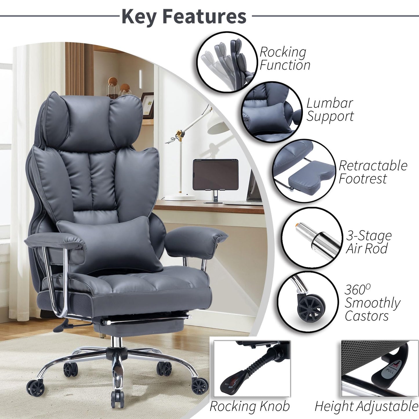 Efomao Big and Tall Office Chair with Footrest, 400LBS PU Leather High Back Executive Office Chair with Lumbar Support, Wide Computer Chair for Home Office, Dark Grey