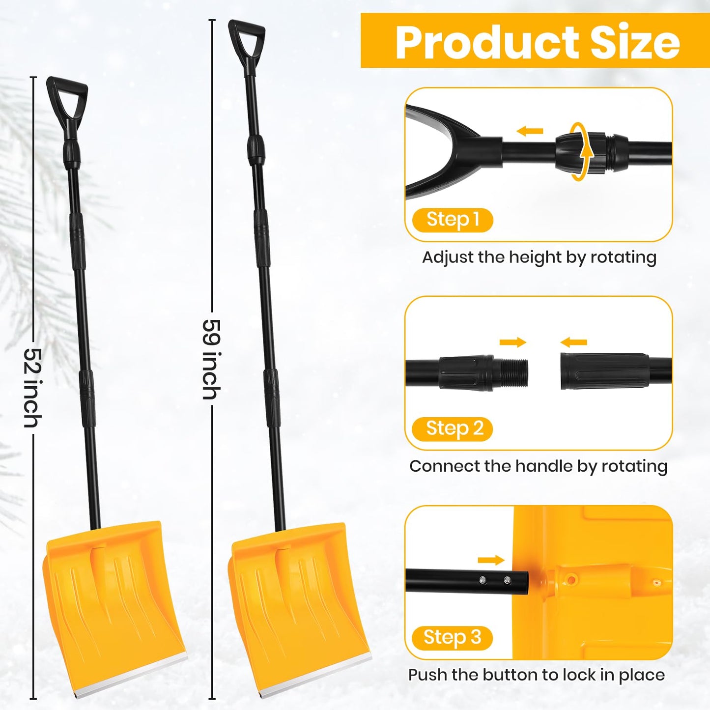 Snow Shovel for Driveway Stairs Decks Garage Snow Removal with Telescopic 52-59 inch Long Handle Lightweight Household Snow Shovel for Soft and Light Snow Removal (16 inch Wide)