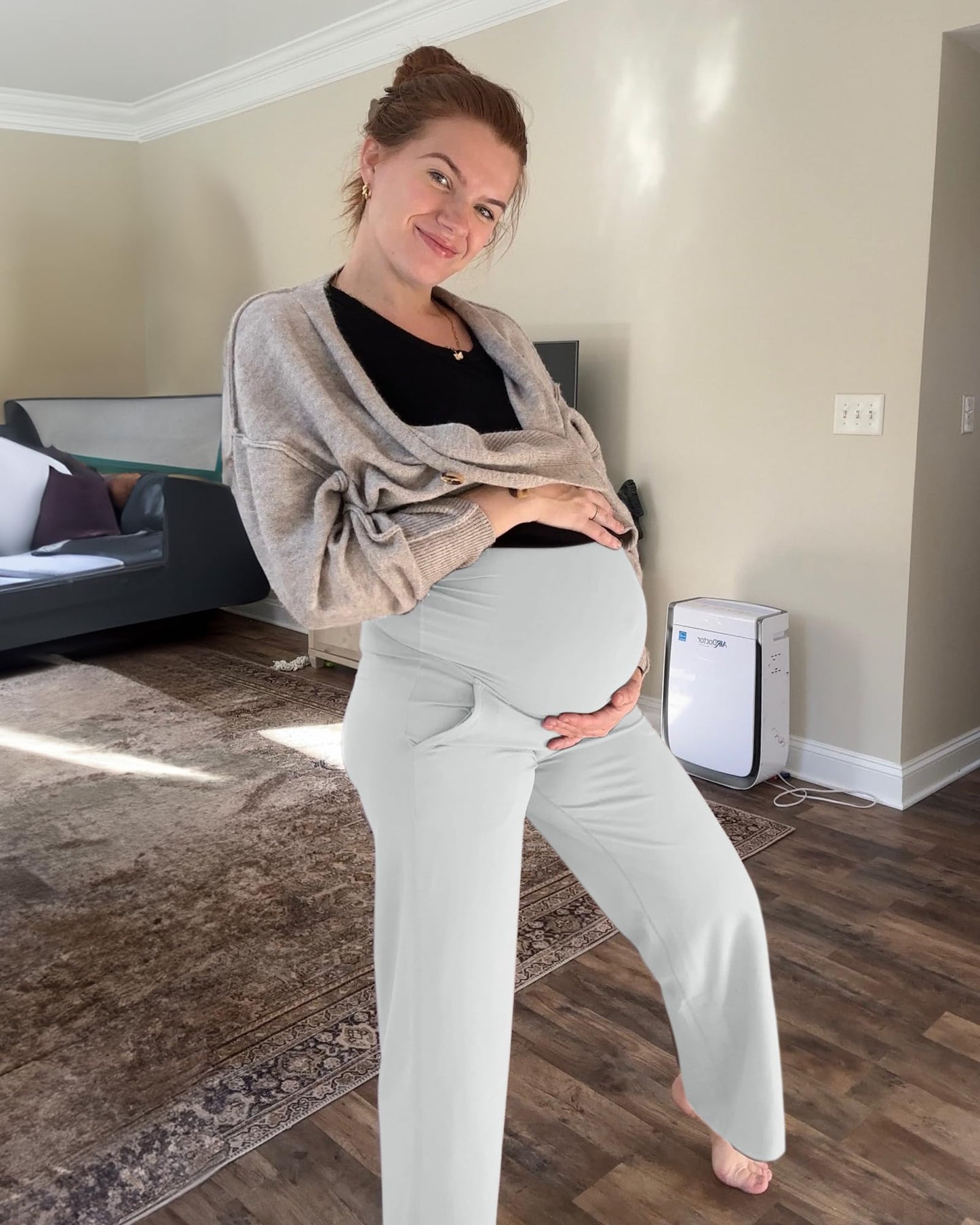 G4Free Maternity Pants for Work High Waist Straight Palazzo Pants with Pockets for Athletic Yoga (Light Gray,XL,32")