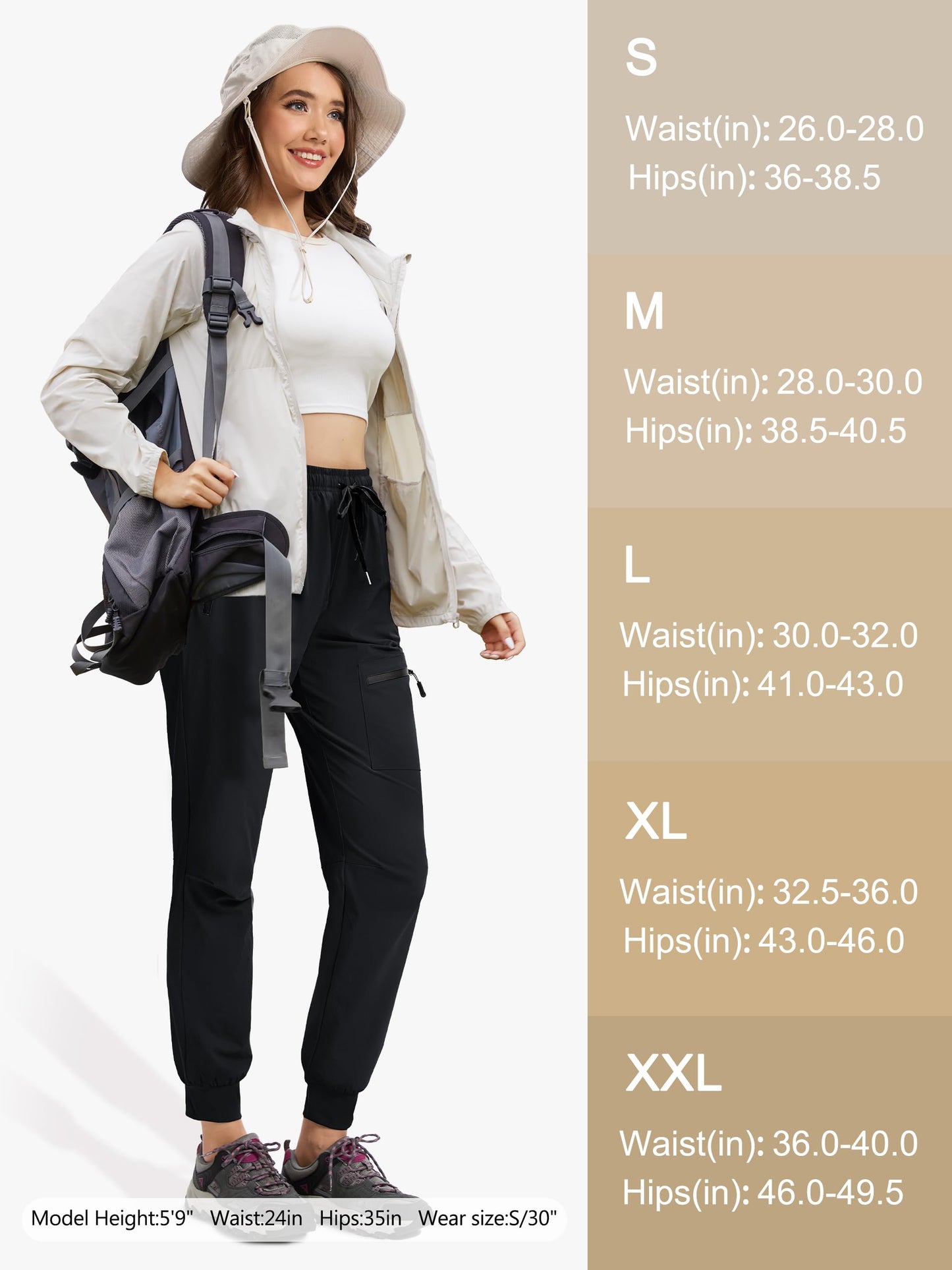 Tallemon Womens Tall Hiking Pants 30/32/34 Inseam Lightweight Joggers Quick Dry 4 Pockets Travel Athletic Cargo UPF50+ 34" Black X-Large