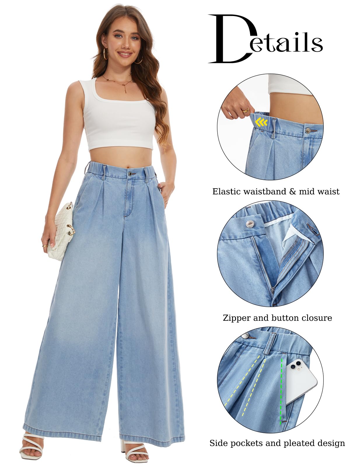 Tapata Women's 33" Inseam Tall Wide Leg Jeans High Waisted Baggy Denim Pants Palazzo Trousers, Light Blue, M