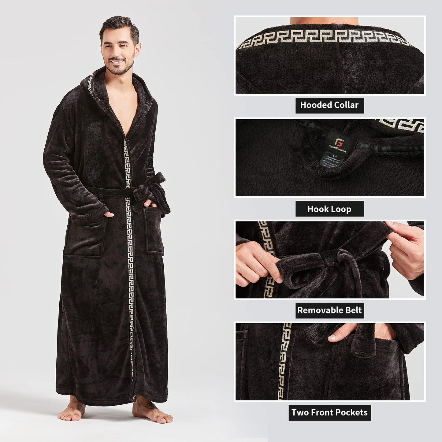 FashGudim Men's Hooded Plush Robe with Black Trim Full Length Plush Long Robe for Men Big and Tall Warm Fleece Bathrobes House Robes (Black & Black Trim, S/M)