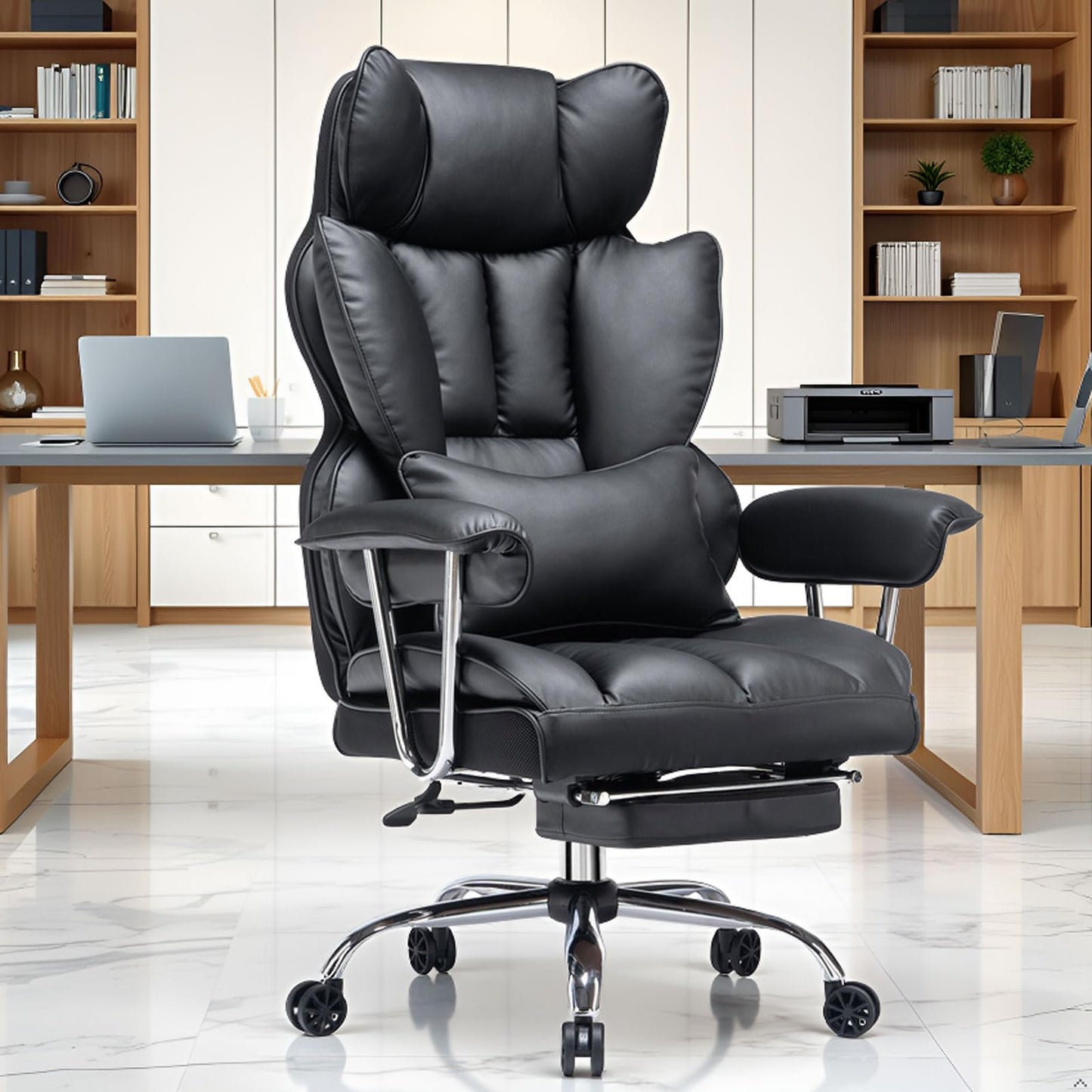 Efomao Desk Office Chair 400LBS, Big and Tall Office Chair, PU Leather Computer Chair, Executive Office Chair with Leg Rest and Lumbar Support, Black Office Chair