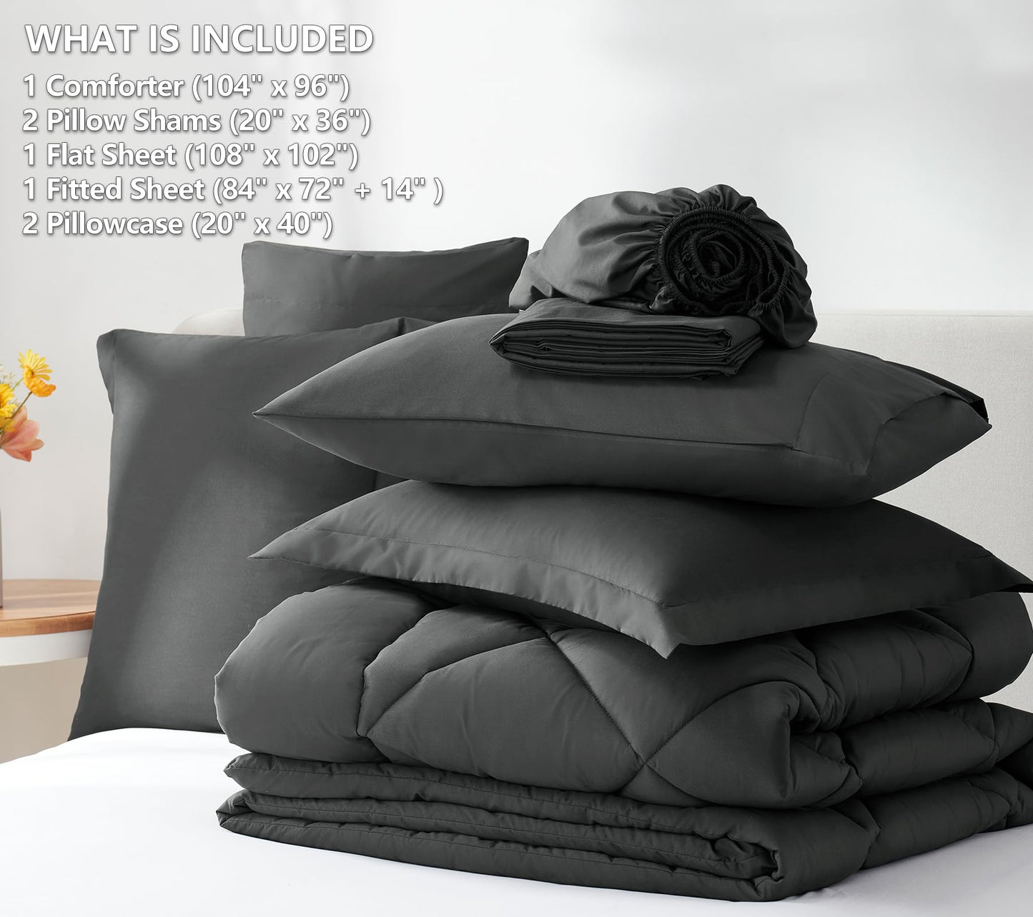 CozyLux California King Comforter Set with Sheets Dark Grey 7 Pieces Cal King Bed in a Bag All Season Bedding Sets with Comforter, Pillow Shams, Flat Sheet, Fitted Sheet and Pillowcases