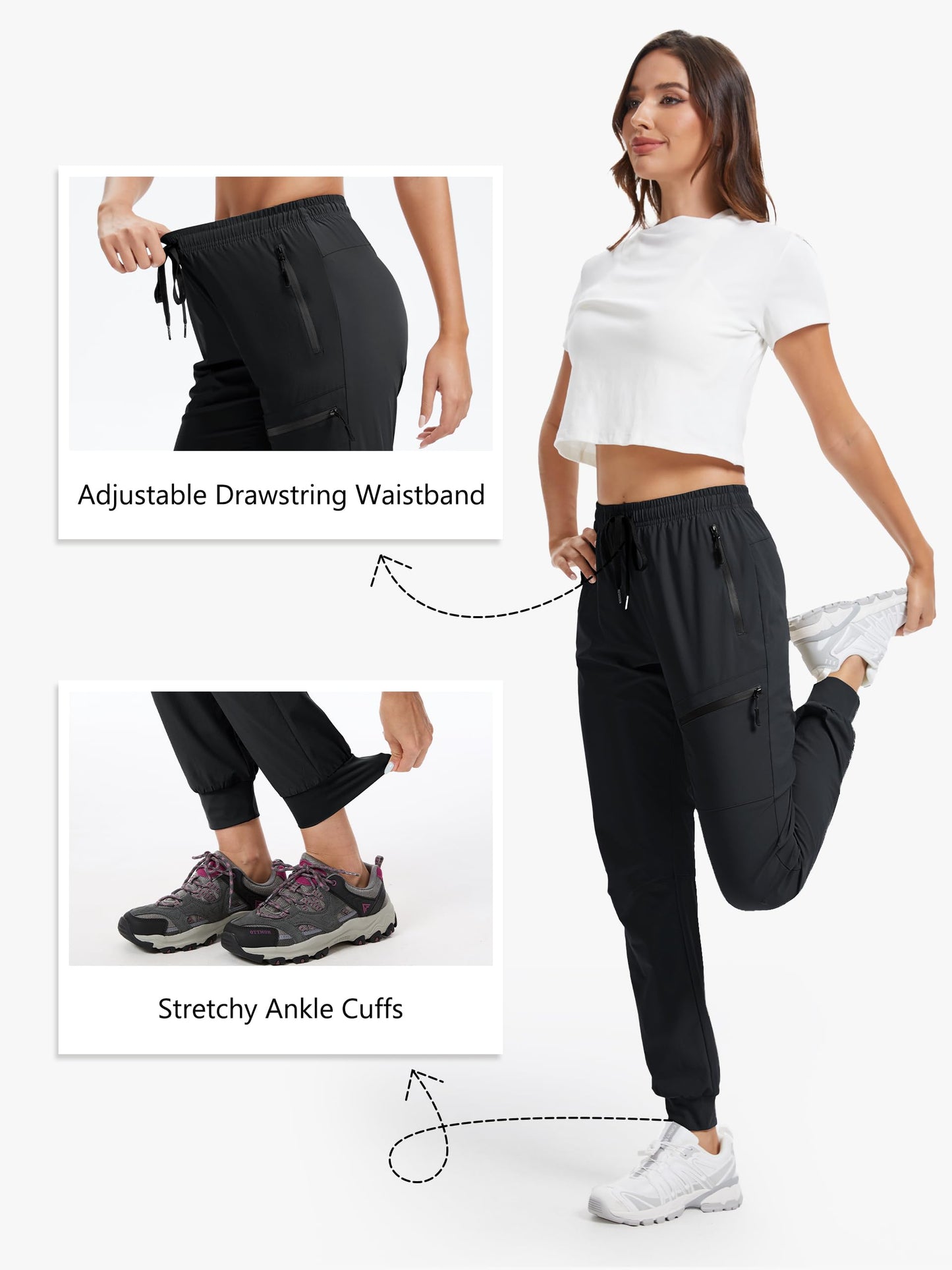 Tallemon Womens Tall Hiking Pants 30/32/34 Inseam Lightweight Joggers Quick Dry 4 Pockets Travel Athletic Cargo UPF50+ 34" Black Small