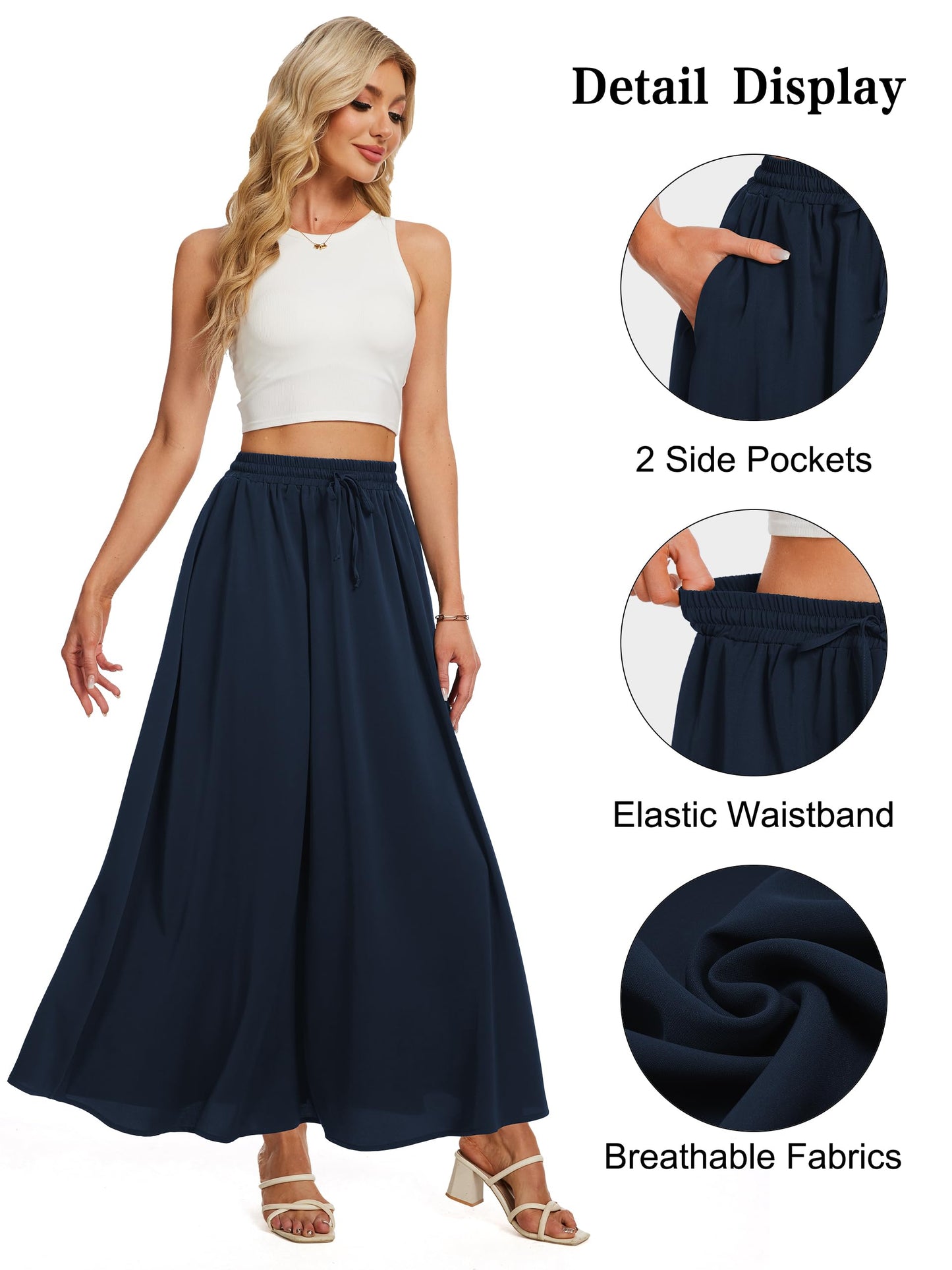 Tapata Tall Womens Flowy Maxi Skirt Extra Long High Waist Elastic Drawstring Summer Pleated Skirts with Pockets, Navy Blue, XXL
