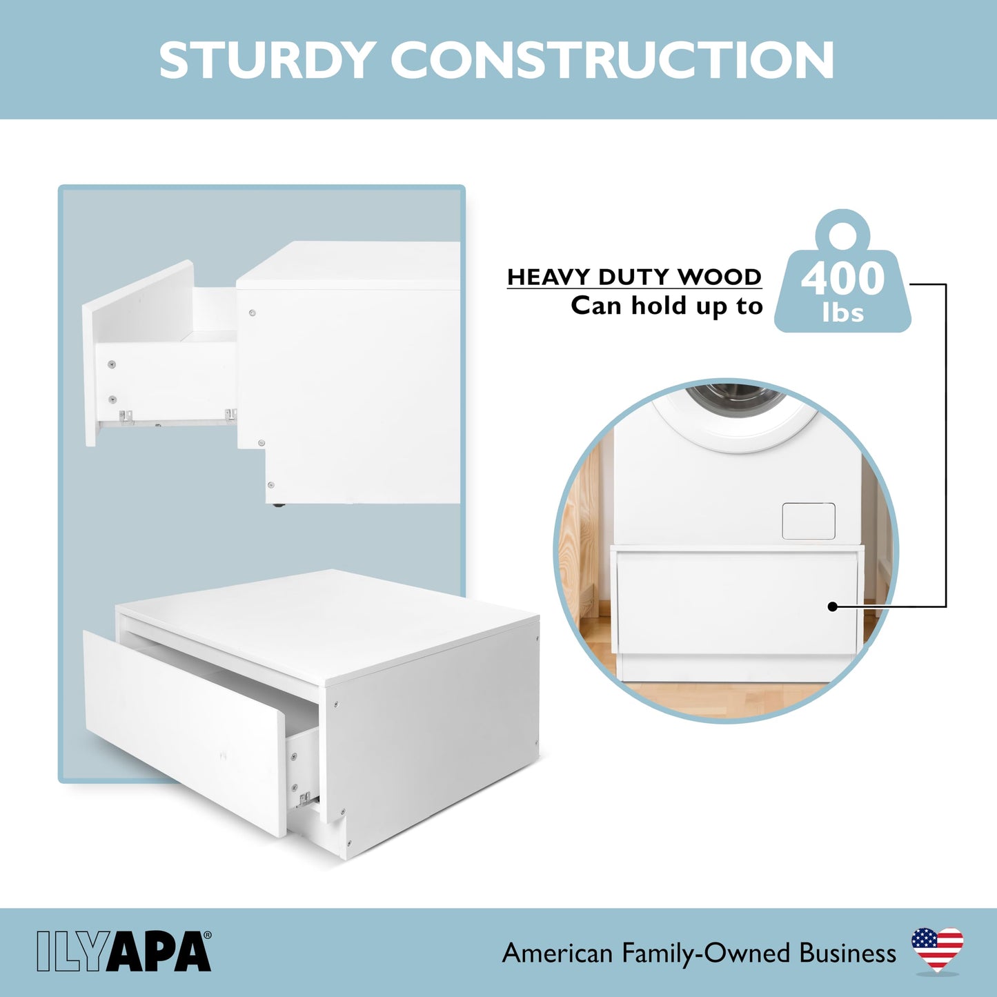 Ilyapa Washer and Dryer Stand - Universal Wooden Laundry Pedestal with Drawer - Compatible with Samsung, LG, GE, Maytag - 28x28x16 in. Patent Pending