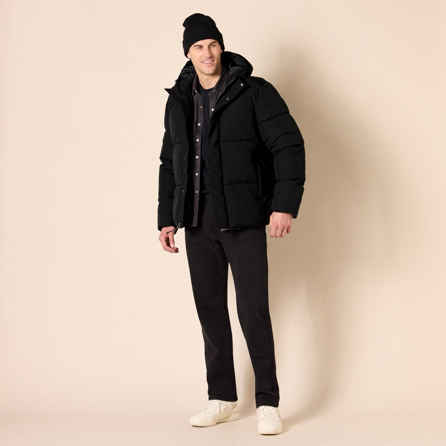 Amazon Essentials Men's Mid-Length Hooded Puffer Coat (Available in Big & Tall), Black, 6X-Large Big Tall
