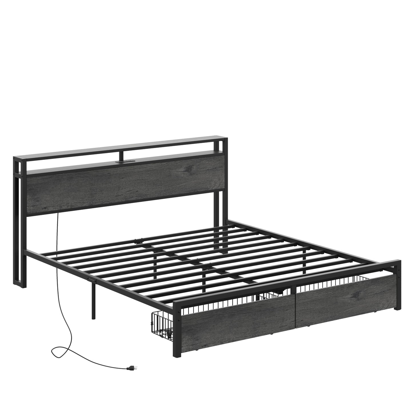 LIKIMIO California King Bed Frame with Storage Headboard, Platform Bed with Drawers and Charging Station, No Box Spring Needed, Easy Assembly, Charcoal Grey