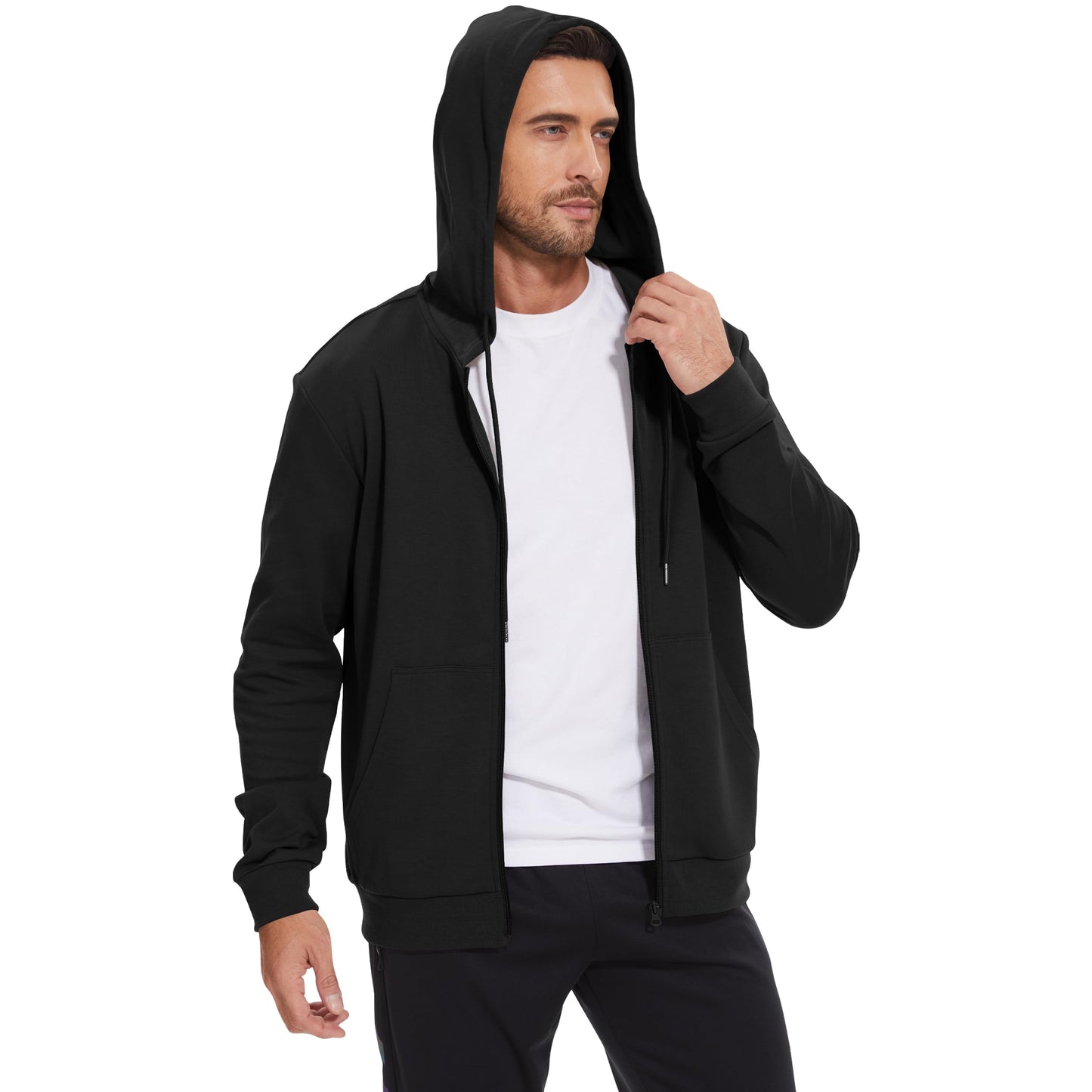 LETAOTAO Lightweight Hoodie Men Zip Up Hooded Sweatshirt Thin Slim Fit Jacket Available in Regular & Tall Sizes（Black，Tall-3XL）