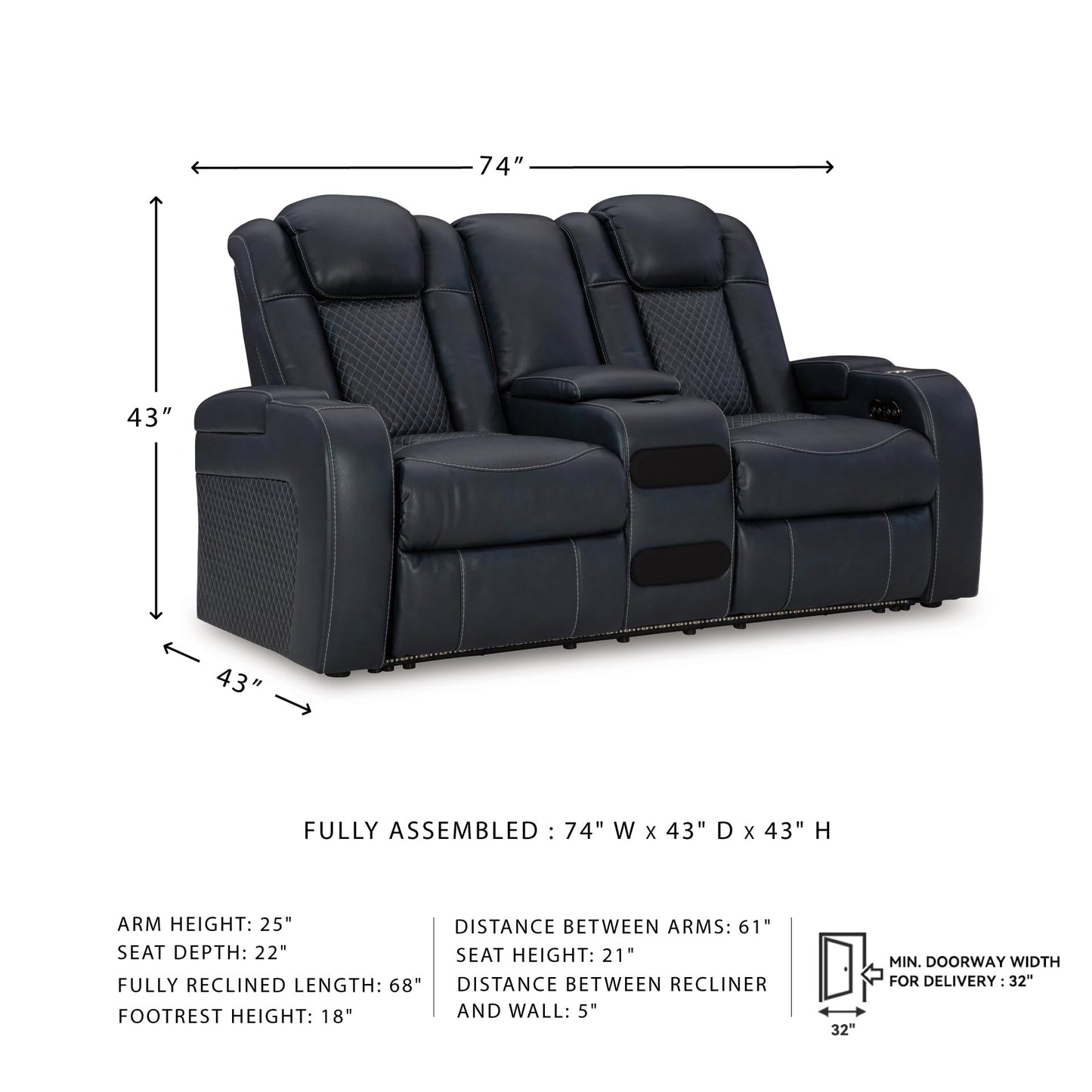 Signature Design by Ashley Fyne-Dyme Contemporary Power Reclining Loveseat with Console, USB Charging Ports and Adjustable Headrest, Blue