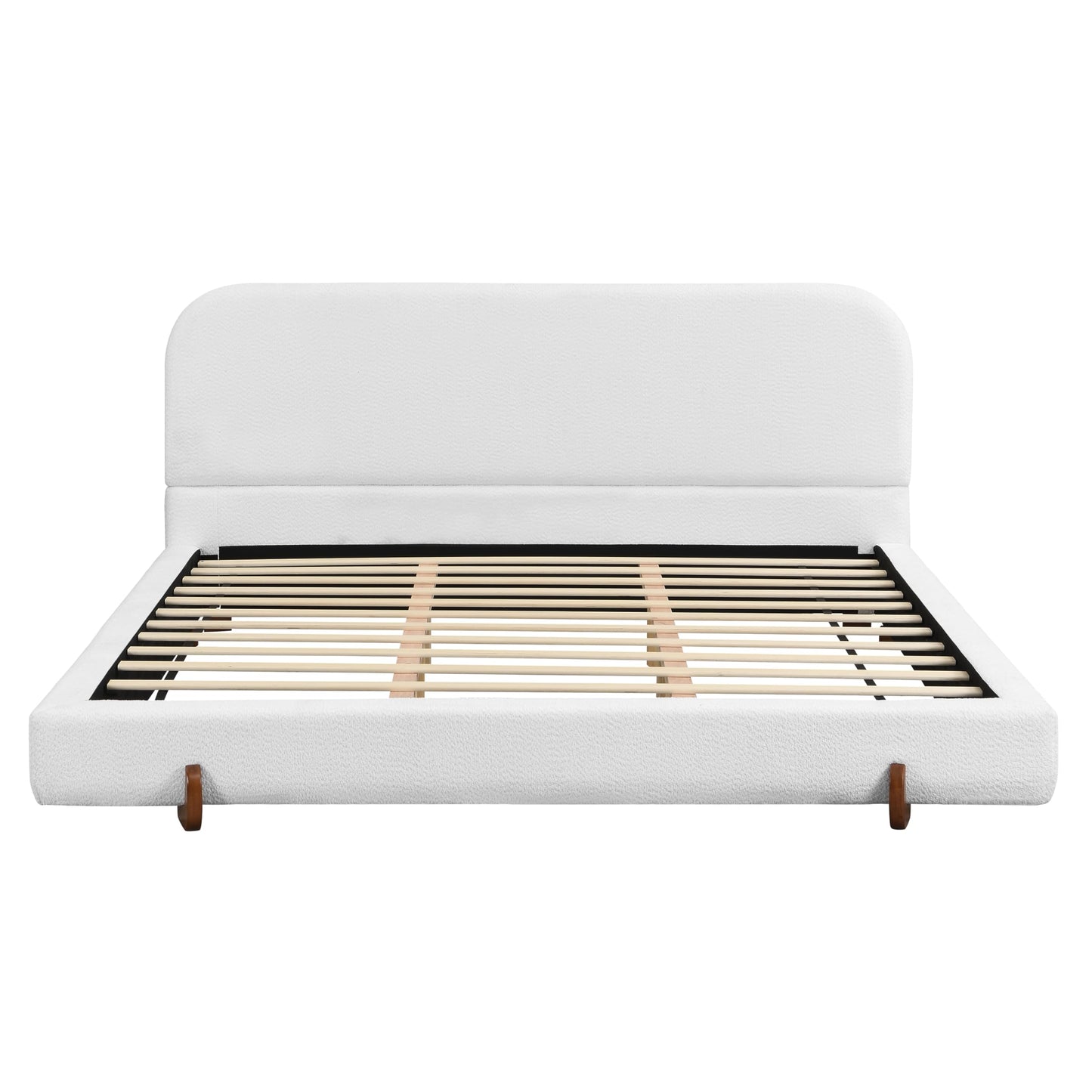 GDFStudio California King Upholstered Bed Frame, Unique Design with 4-Inch Thick Sides and Brown Rubber Wood Legs, White Chenille Fabric, Durable and Stylish Platform Bed for Home Décor