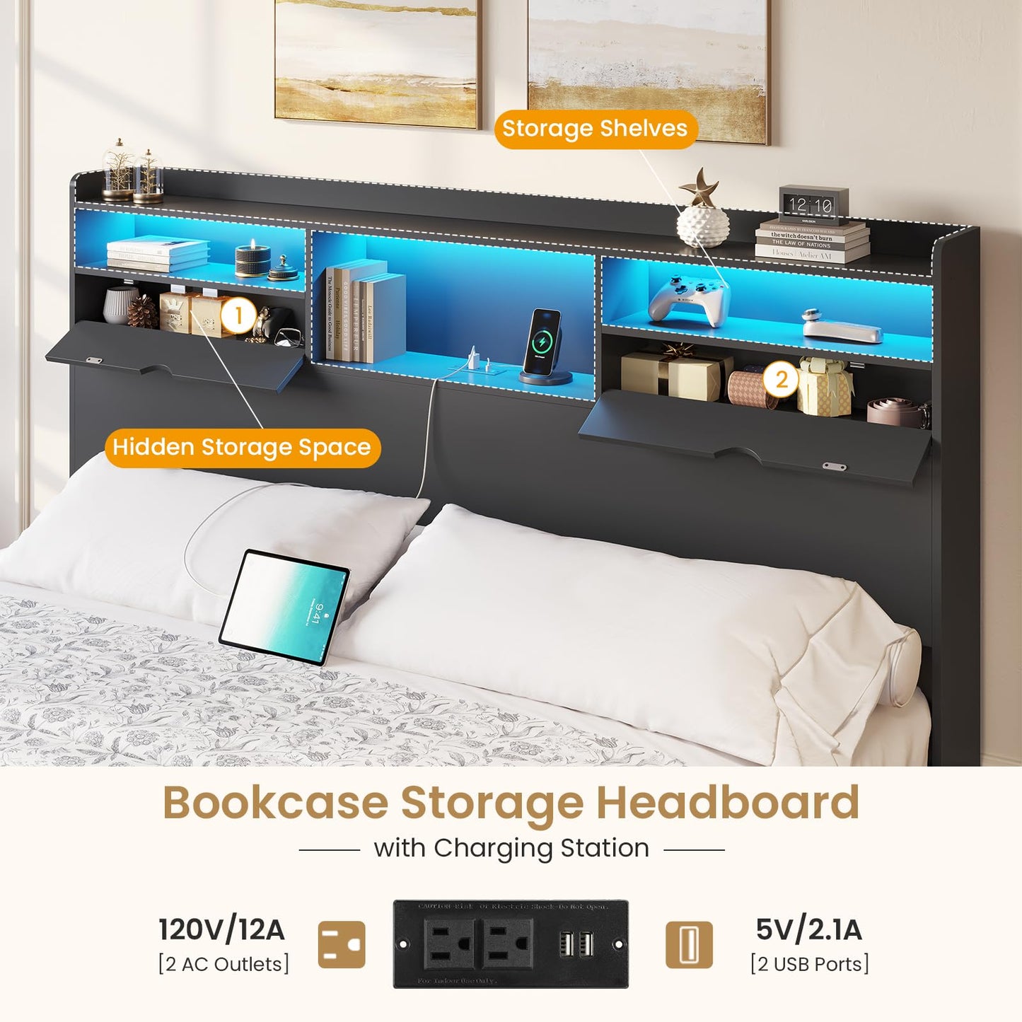 DICTAC California King Bed Frame with Bookcase Headboard and Storage, 4 Large Drawers, Wooden Platform Bed Frame with LED Lights, Charging Station, Strong Metal Slats, No Box Spring Required, No Noise