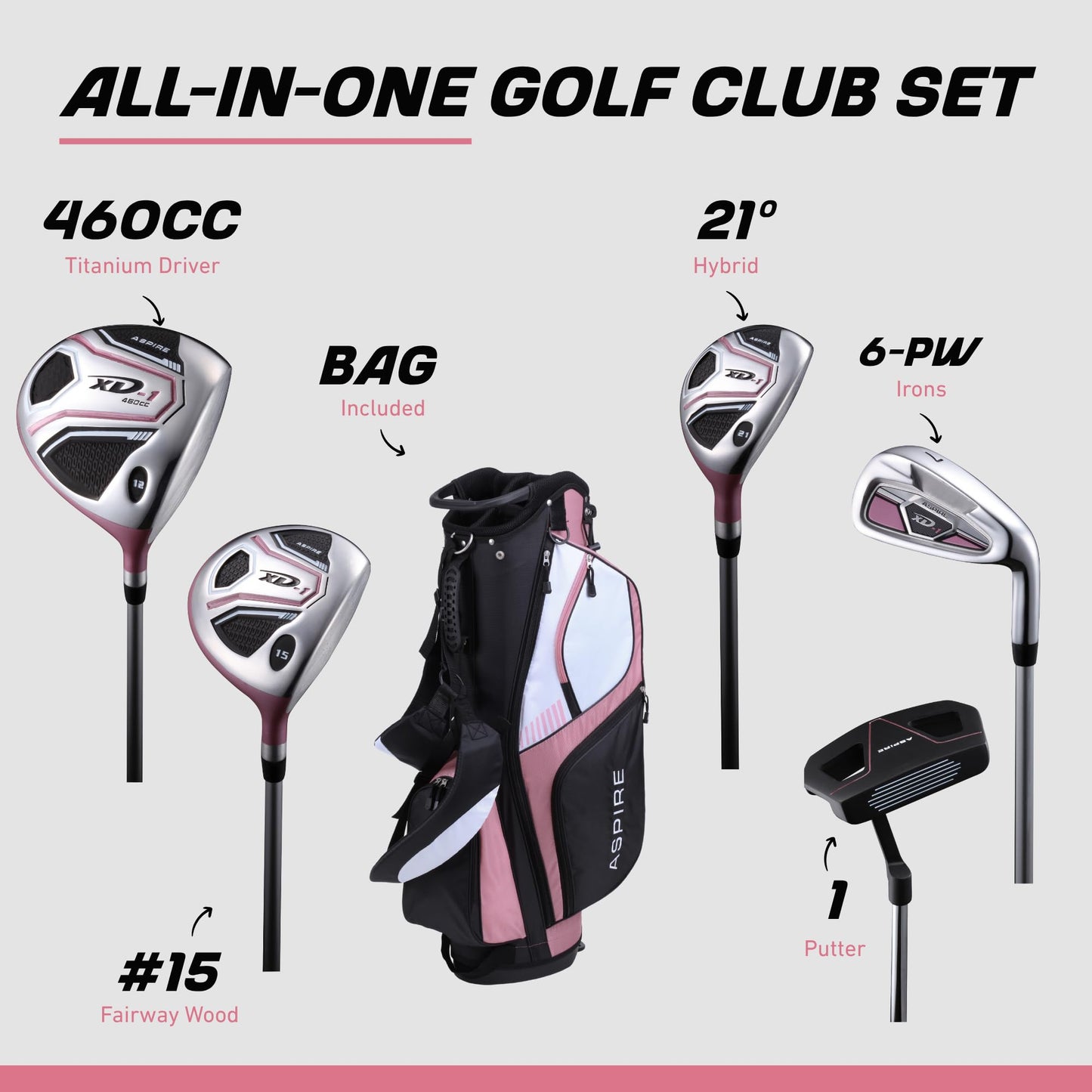 Aspire XD1 Womens Golf Clubs Full Set, Includes Driver, Fairway, Hybrid, 6-PW Irons, Putter, Stand Bag, 3 H/C's, Ultra-Light Graphite Shafts, Golf Clubs Women Right Handed, Comes in 3 Sizes, Pink