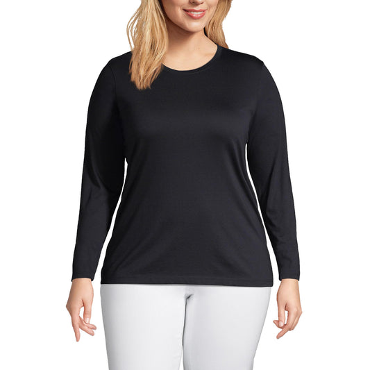 Lands' End Womens Long Sleeve Relaxed Supima Cotton Crew Neck T Shirt Black Tall Large