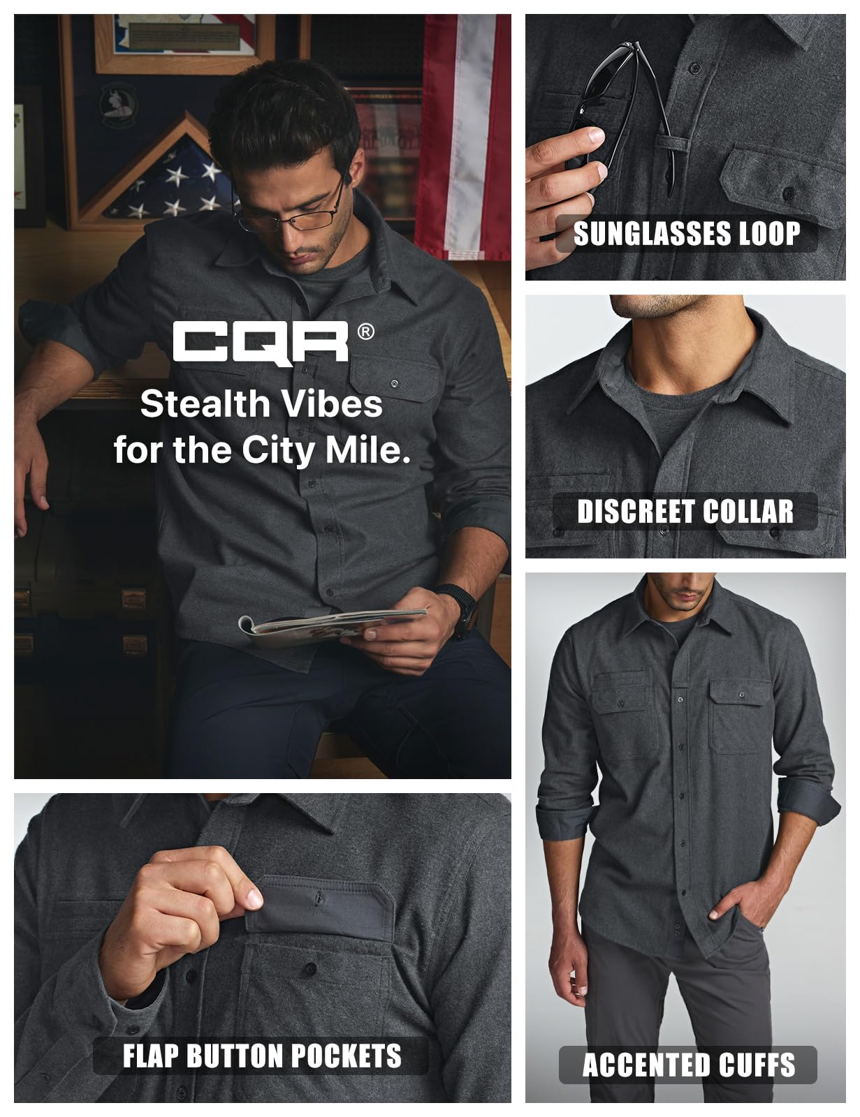 CQR Men's Flannel Button Down Shirts, Soft Cotton Plaid Long Sleeve Tactical Work Shirt, Warm Outdoor Essential with Pocket, Stealth Grey, XX-Large Tall
