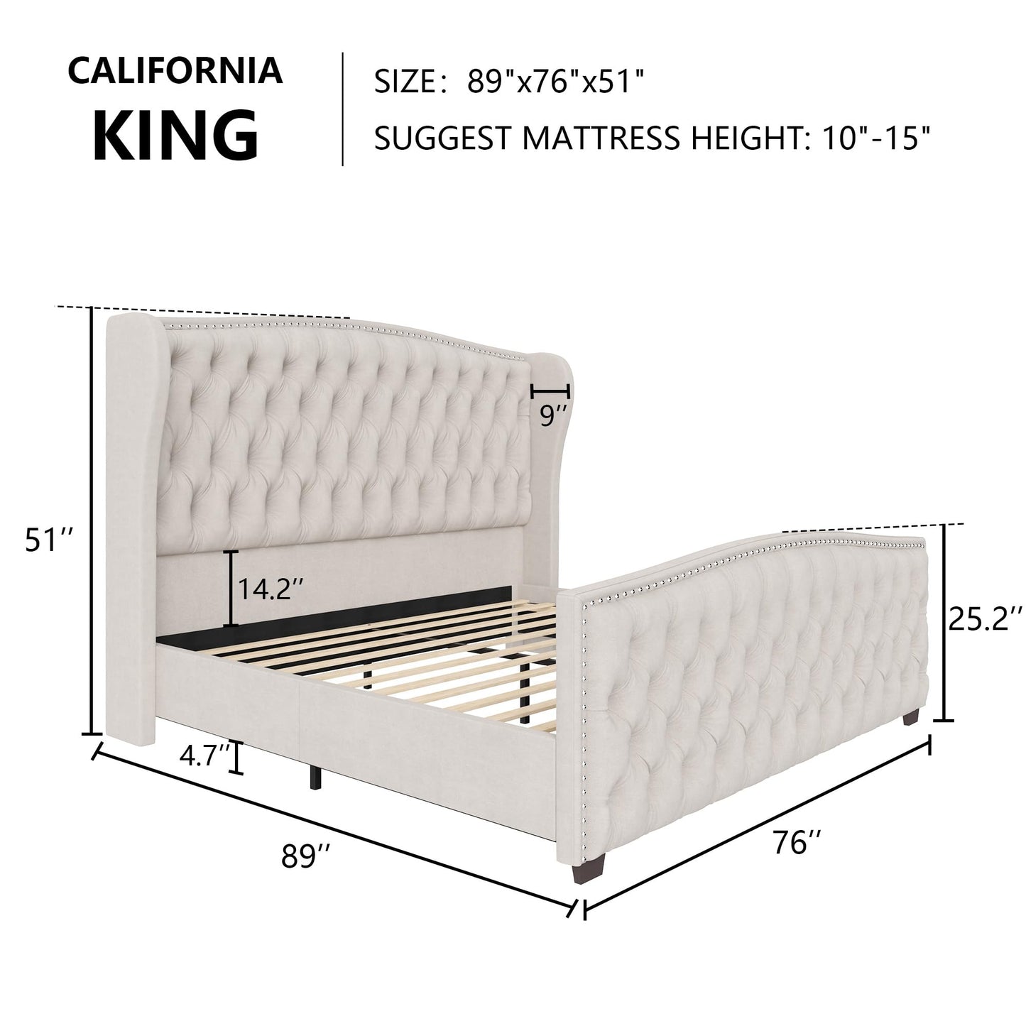AMERLIFE California King Size Platform Bed Frame, Velvet Upholstered Bed with Deep Button Tufted & Nailhead Trim Wingback Headboard/No Box Spring Needed, Cream