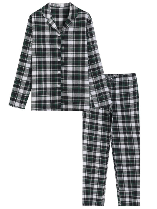 Latuza Women's Tall Flannel Pajama Set Extra Long Button Up Top Pants Pj Set 2X Black Green