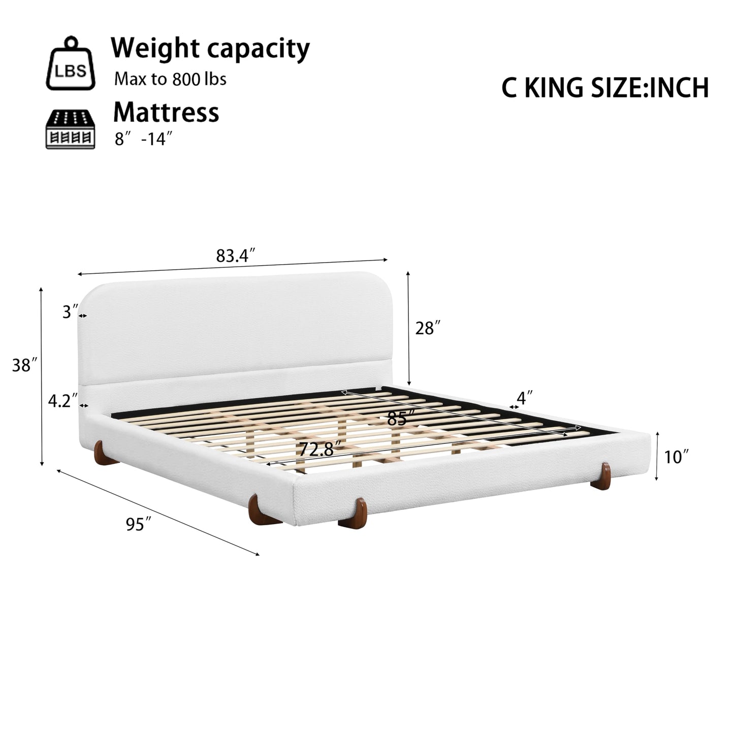 GDFStudio California King Upholstered Bed Frame, Unique Design with 4-Inch Thick Sides and Brown Rubber Wood Legs, White Chenille Fabric, Durable and Stylish Platform Bed for Home Décor