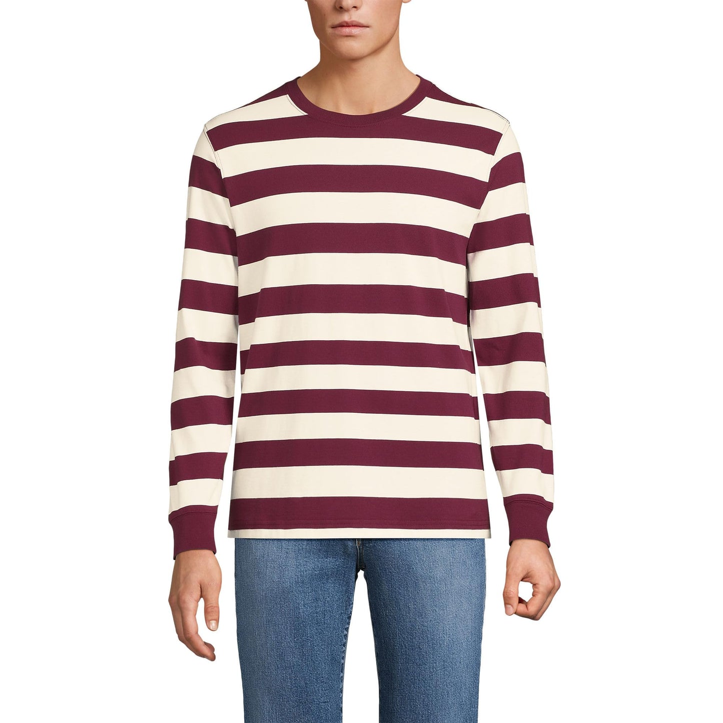 Lands' End Mens Long Sleeve Super-T Tee Burgundy/Ivory Even Stripe Tall X-Large