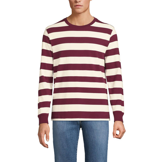 Lands' End Mens Long Sleeve Super-T Tee Burgundy/Ivory Even Stripe Tall XX-Large