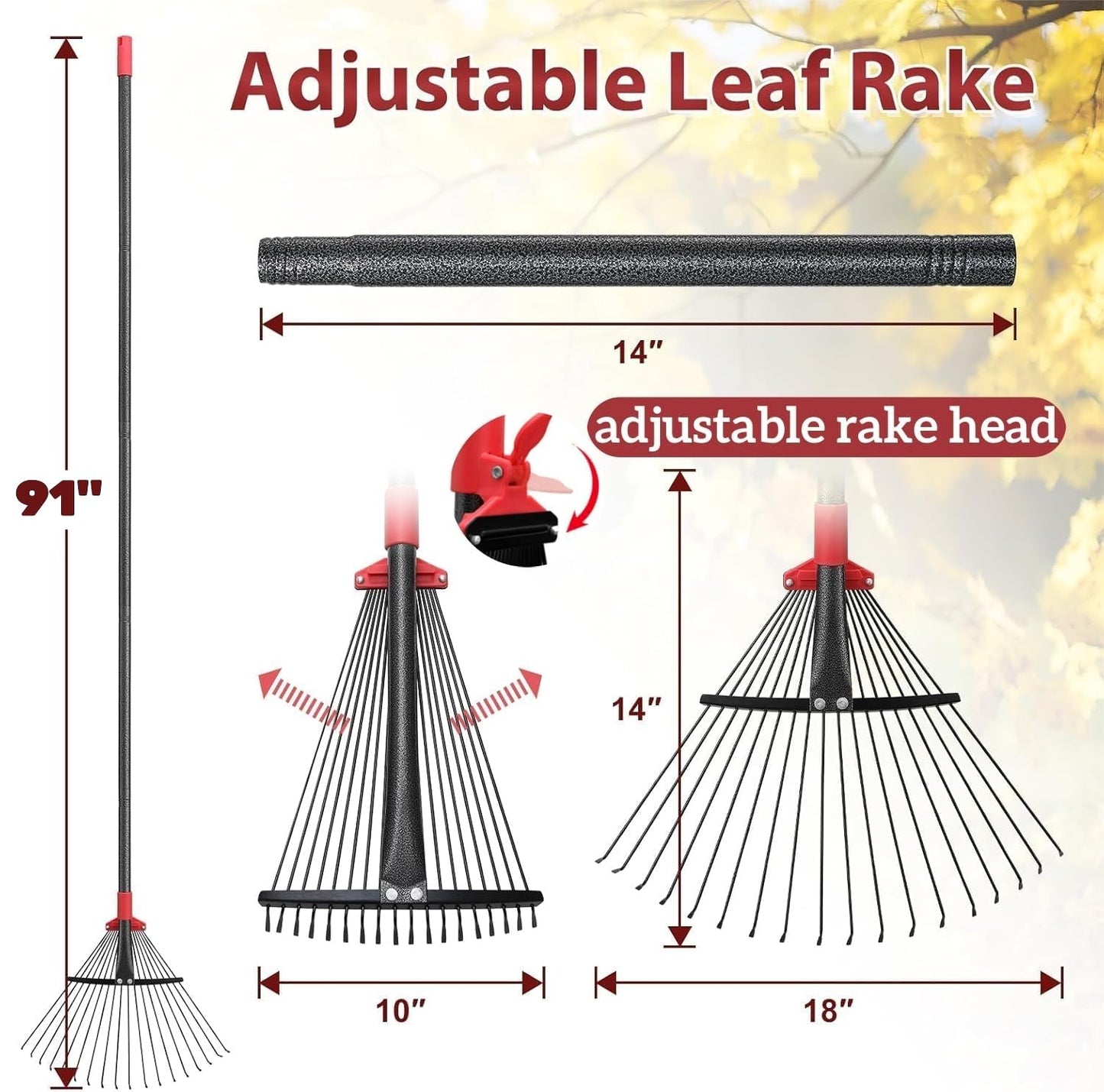 TAILERNRUYE 91 Inch Rake for Leaves , Adjustable 18 Tines with Expandable Head 9-18in Grass Rake Heavy Duty Metal Rakes for Women Children Yard Gardener Gardening Grass Debris Lawns