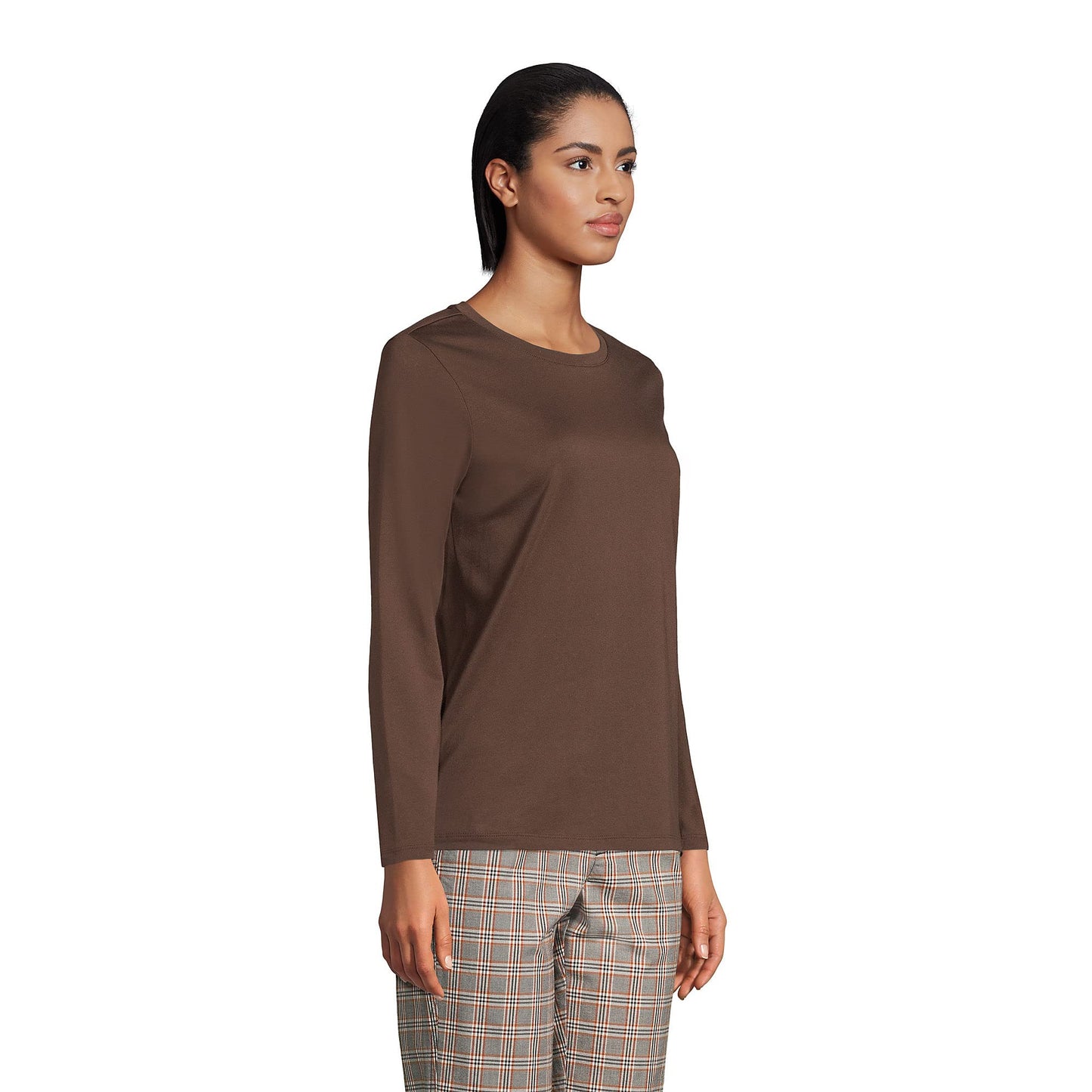 Lands' End Womens Long Sleeve Relaxed Supima Cotton Crew Neck T Shirt Rich Coffee Tall Large