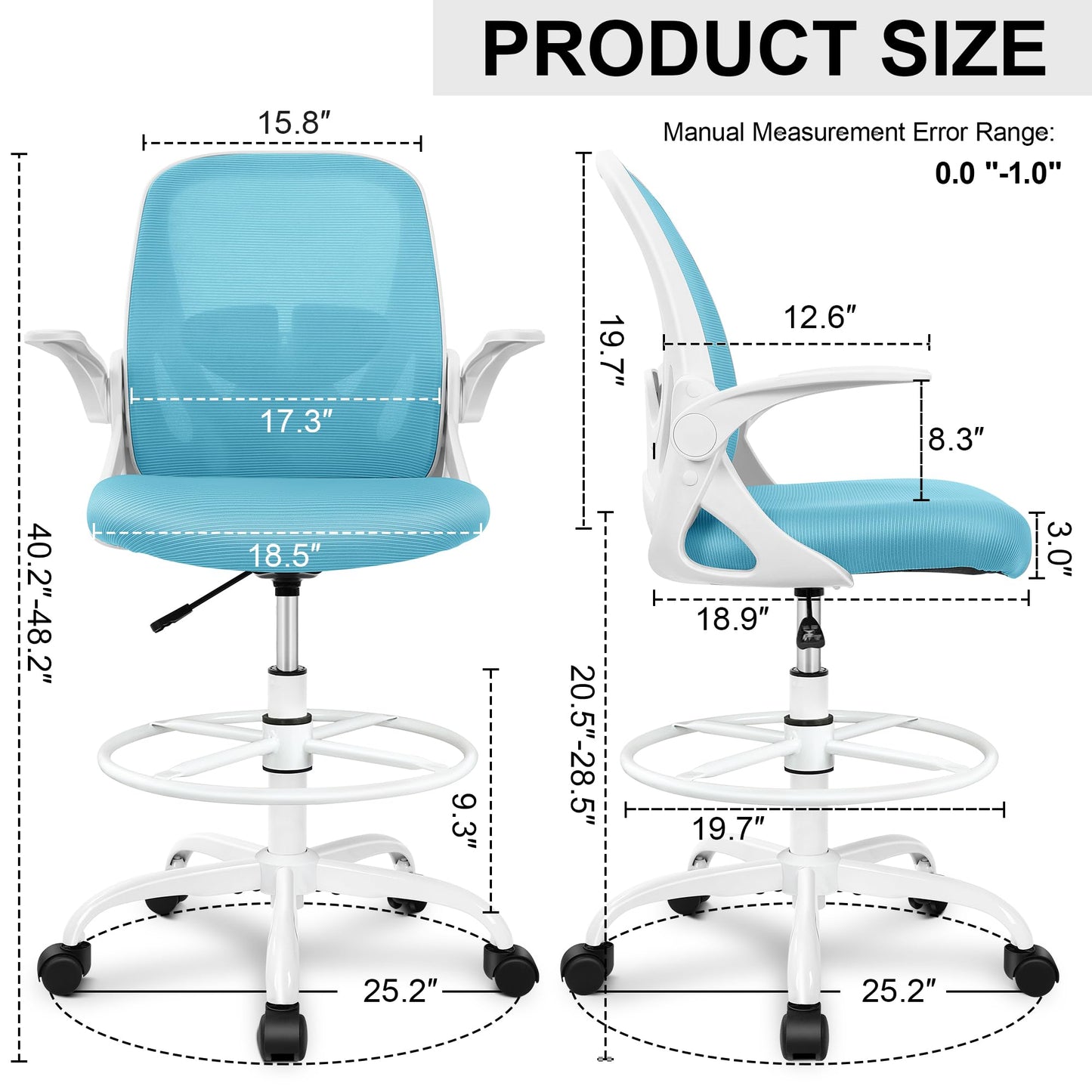 Primy Drafting Chair Tall Office Chair with Flip-up Armrests Executive Ergonomic Computer Standing Desk Chair with Lumbar Support and Adjustable Footrest Ring（Blue）