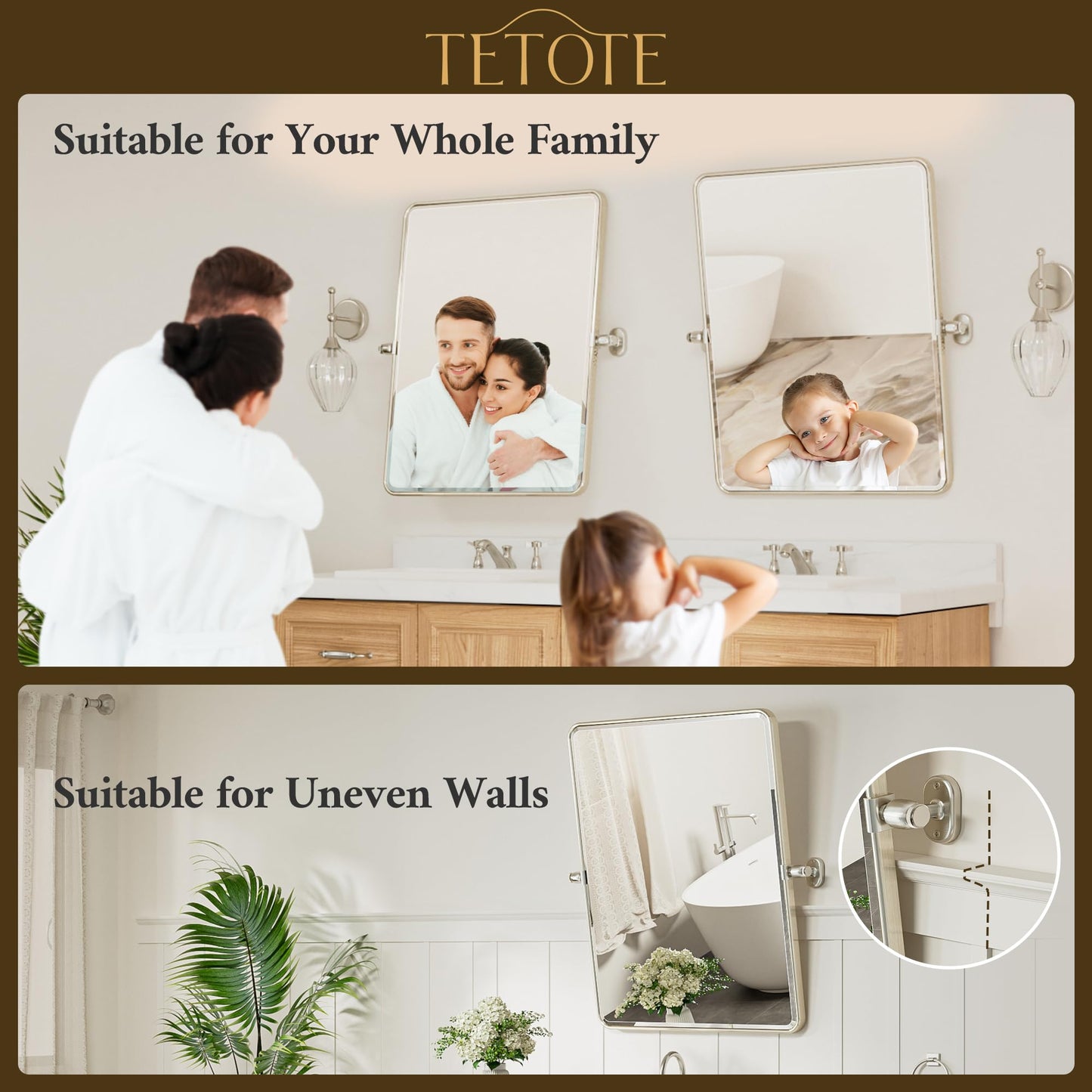 TETOTE Pivot Bathroom Mirror Brushed Nickel 30 x 36 Tilting Beveled Rectangle Metal Framed Mirror, Farmhouse Adjustable Tilt Rounded Corner Vanity Mirror, Horizontal/Vertical, Easy to Install