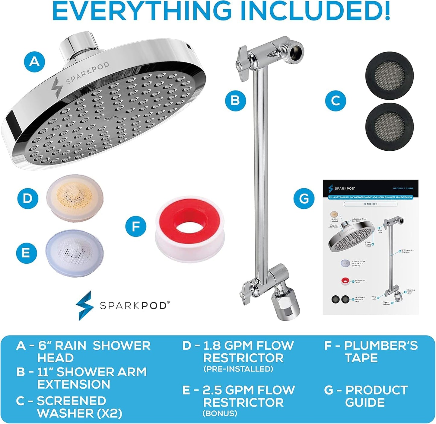 SparkPod Round Rain Shower Head with Extension Arm - Height Adjustable Shower Head with High Pressure Performance - Easy 1-Minute Installation (11" Arm Extension, Luxury Polished Chrome)
