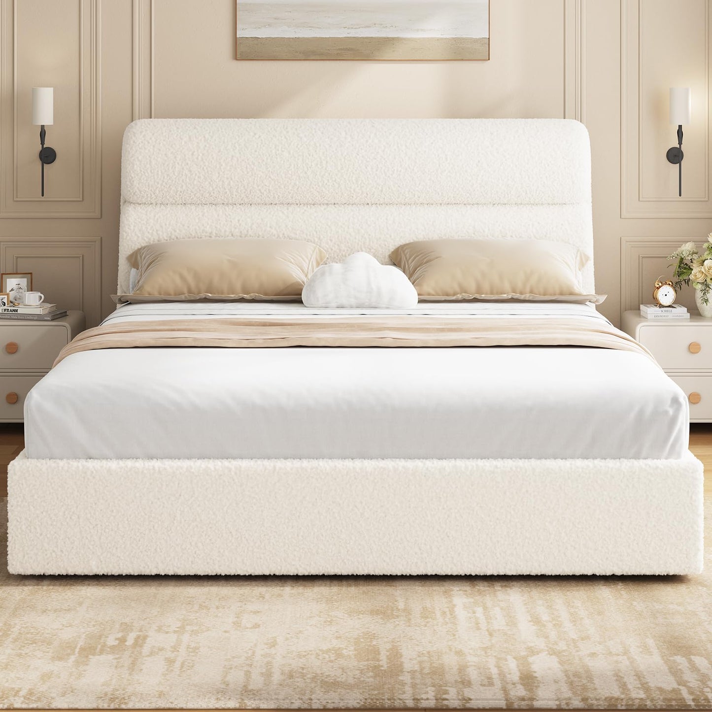 DICTAC California King Boucle Bed Frame with Headboard, Upholstered Platform Bed with Wood Slats, Soft Cloud Bed with Solid Wood Legs, No Box Spring Required, Easy Assembly, Cream