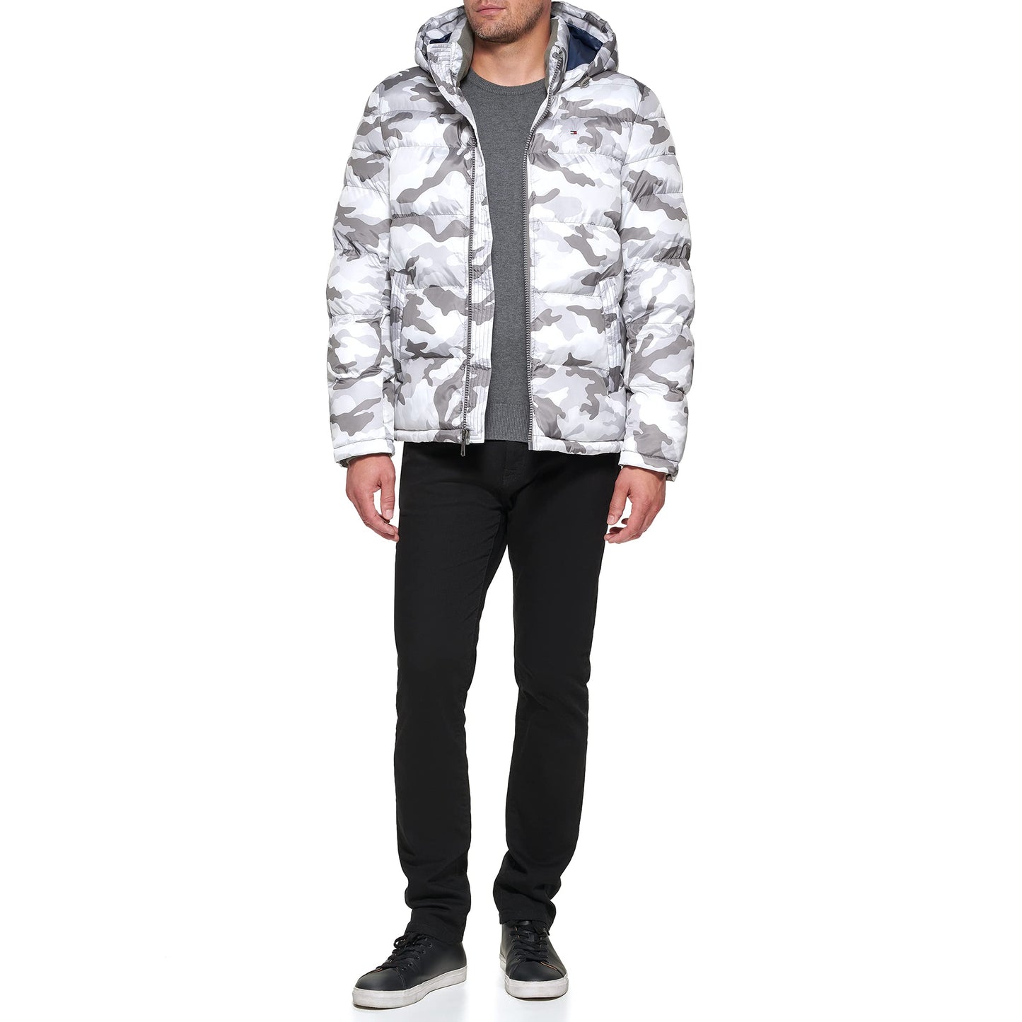 Tommy Hilfiger Men's Hooded Puffer Jacket, White Camouflage, 2X-Tall