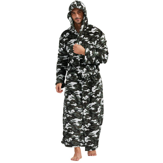 FashGudim mens big and tall robe long full length camo robe with hood for tall men warm plush house robes Fleece Bathrobes (Camouflage, S/M)