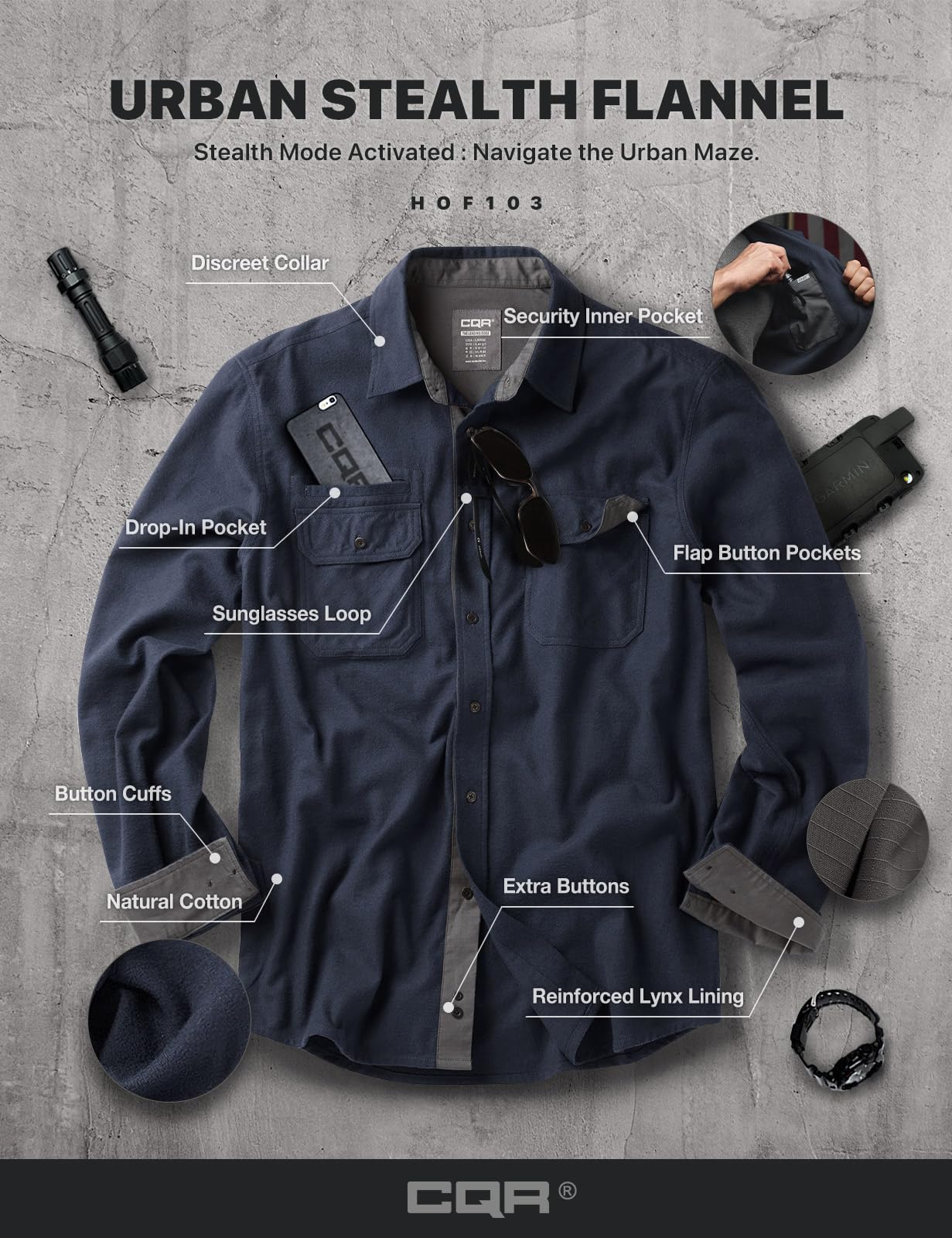 CQR Men's Flannel Button Down Shirts, Soft Cotton Plaid Long Sleeve Tactical Work Shirt, Warm Outdoor Essential with Pocket, Stealth Navy, X-Large Tall