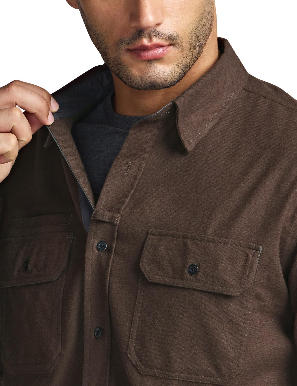 CQR Men's Flannel Button Down Shirts, Soft Cotton Plaid Long Sleeve Tactical Work Shirt, Warm Outdoor Essential with Pocket, Stealth Dark Brown, Large Tall