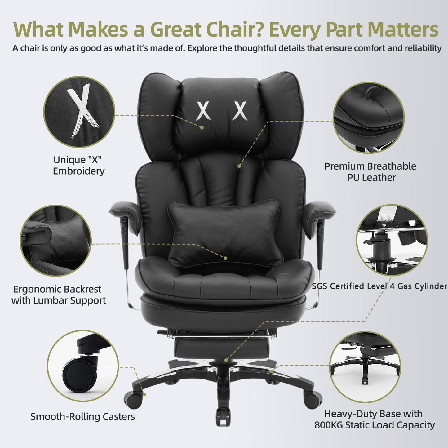 Efomao Big and Tall Office Chair with Footrest – High Back Computer Chair with Adjustable Armrests，Executive Office Chair with Wide Seat, Modern Desk Chair for Home Office, Gaming, or Study, Black