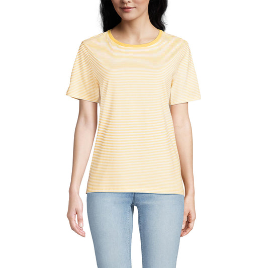 Lands' End Womens Short Sleeve Relaxed Supima Cotton Crew Neck T Shirt Simply Yellow Micro Stripe Tall Large