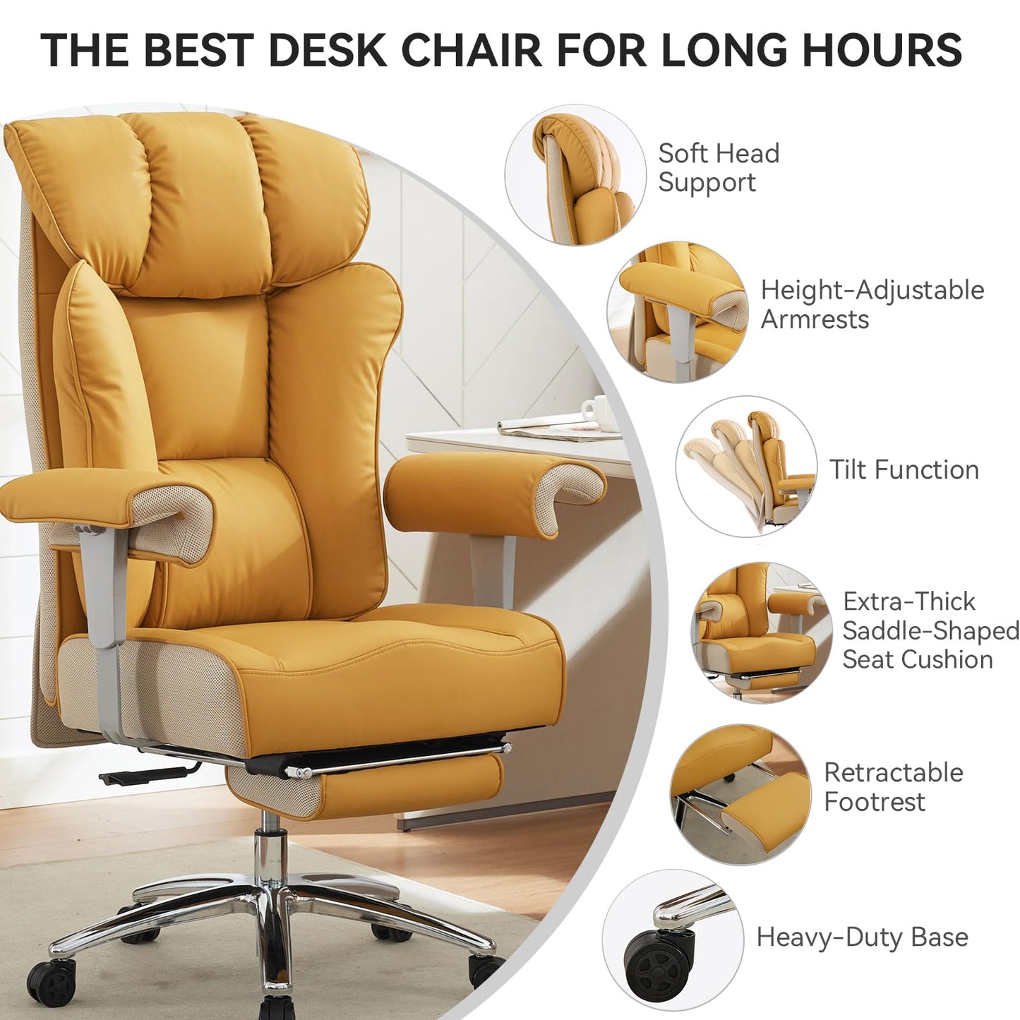 Efomao Big and Tall Green Office Chair 450LBS – Ergonomic High-Back Executive Chair with Footrest, Adjustable Padded Armrests, PU Leather Computer Chair with Lumbar Support for Home or Office, Yellow