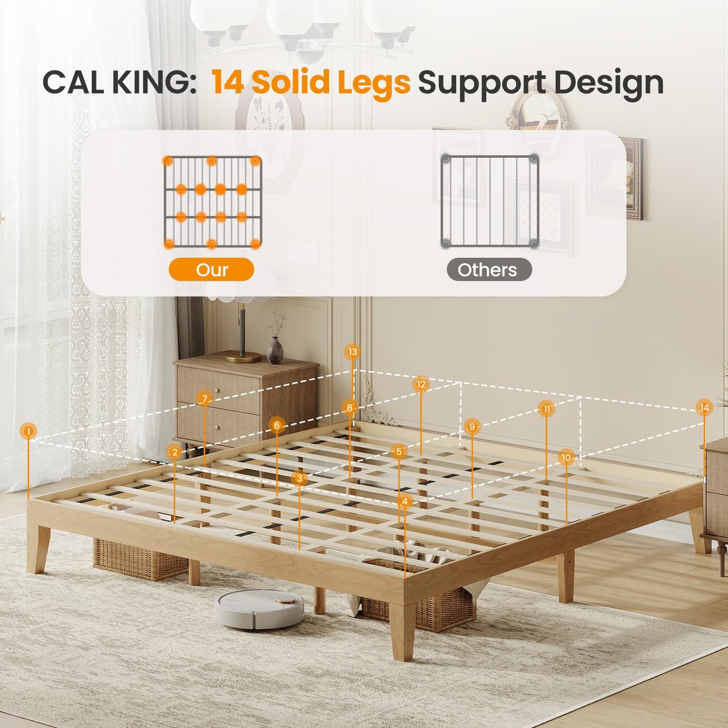 Cal King Size Wood Platform Bed Frame, 12 Inch Solid Wood Bed Frame with Wooden Slats, No Box Spring Needed, Easy Assembly, Rustic Pine