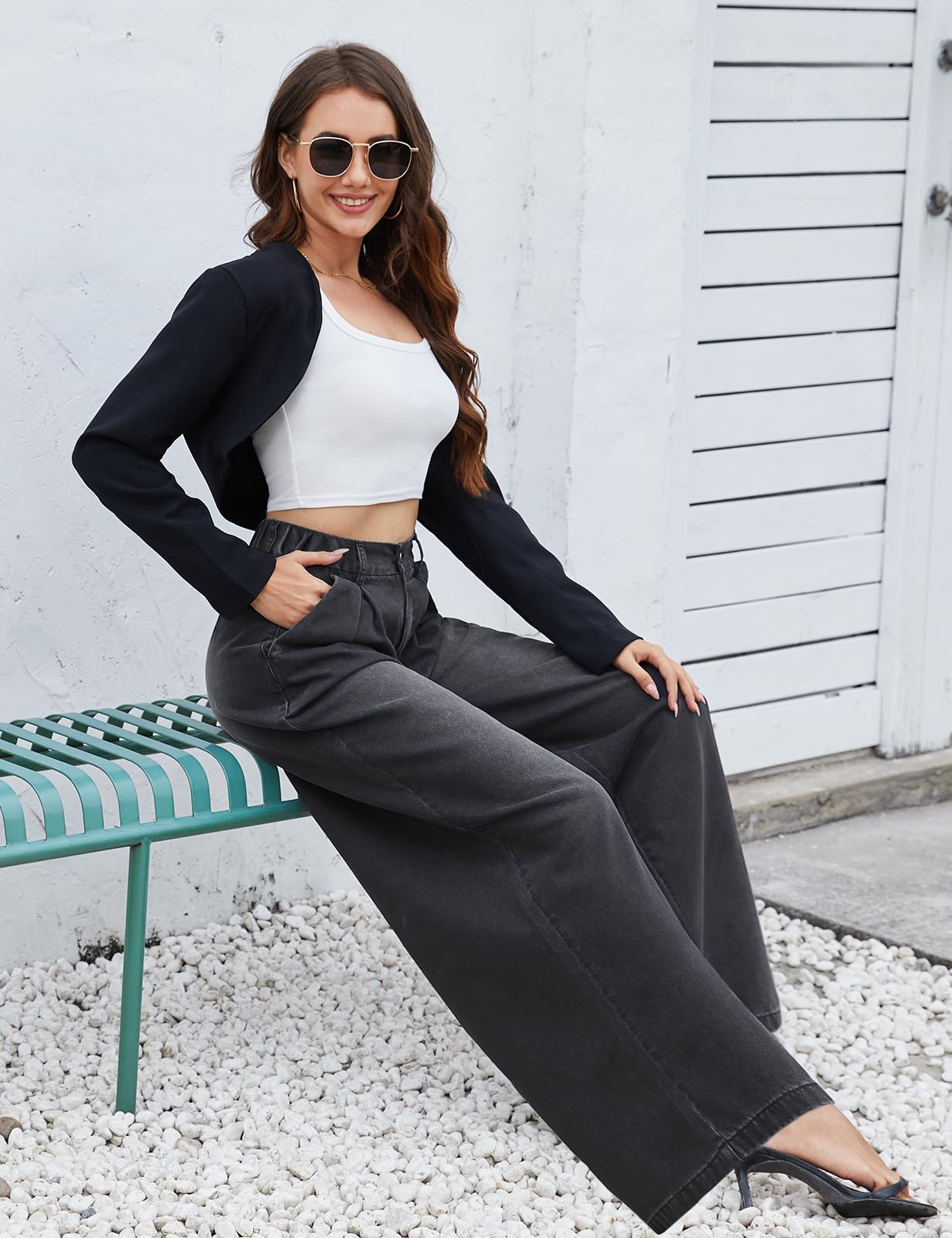 Tapata Women's 33" Inseam Tall Wide Leg Jeans High Waisted Baggy Denim Pants Palazzo Trousers, Black, XXL