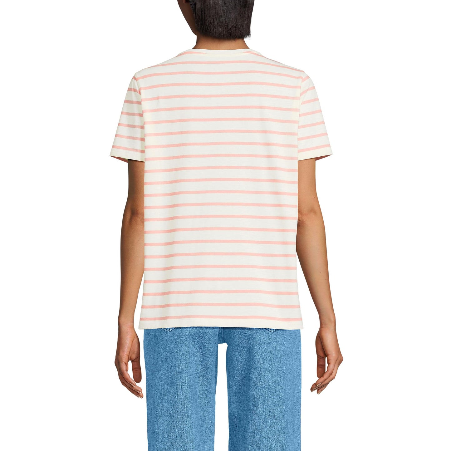Lands' End Womens Short Sleeve Relaxed Supima Cotton Crew Neck T Shirt Ivory/Peach Breton Stripe Tall Large