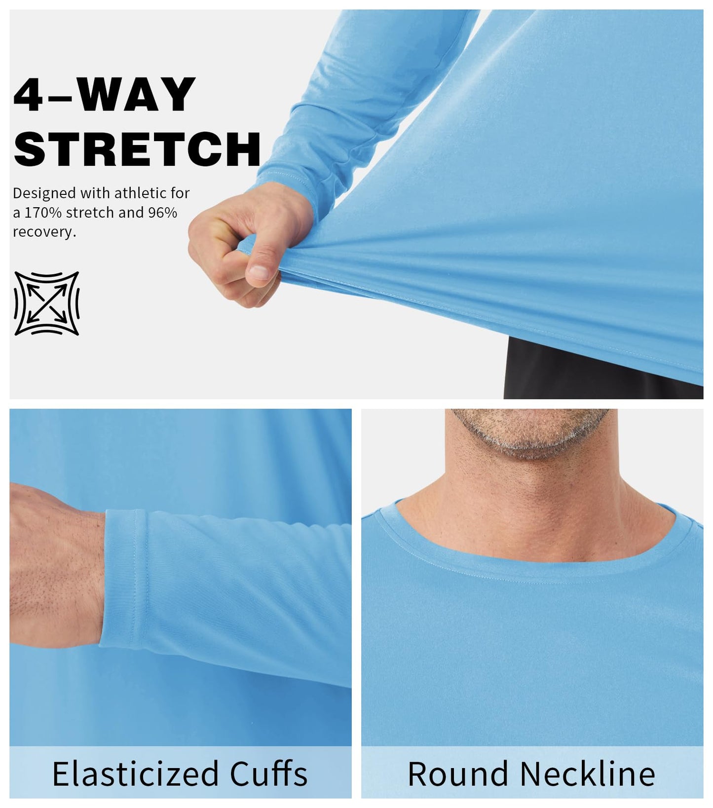 Men's Tall Rash Guard Long Sleeve T Shirts - UPF 50+ Sun Protection Tee Shirt for Fishing, Swim, Hiking Light Blue