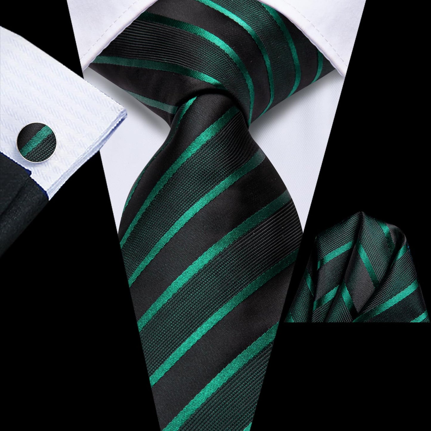 Hi-Tie Black Tie Emerald Green Tie Silk Extra Long 70'' Men's Ties Set Striped Dress Necktie and Pocket Square Cufflinks