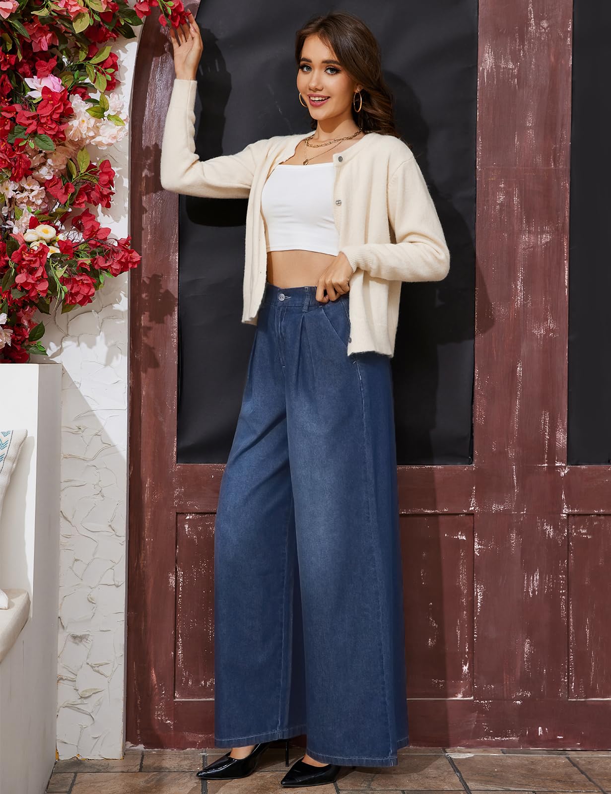 Tapata Women's 33" Inseam Tall Wide Leg Jeans High Waisted Baggy Denim Pants Palazzo Trousers, Dark Blue, M